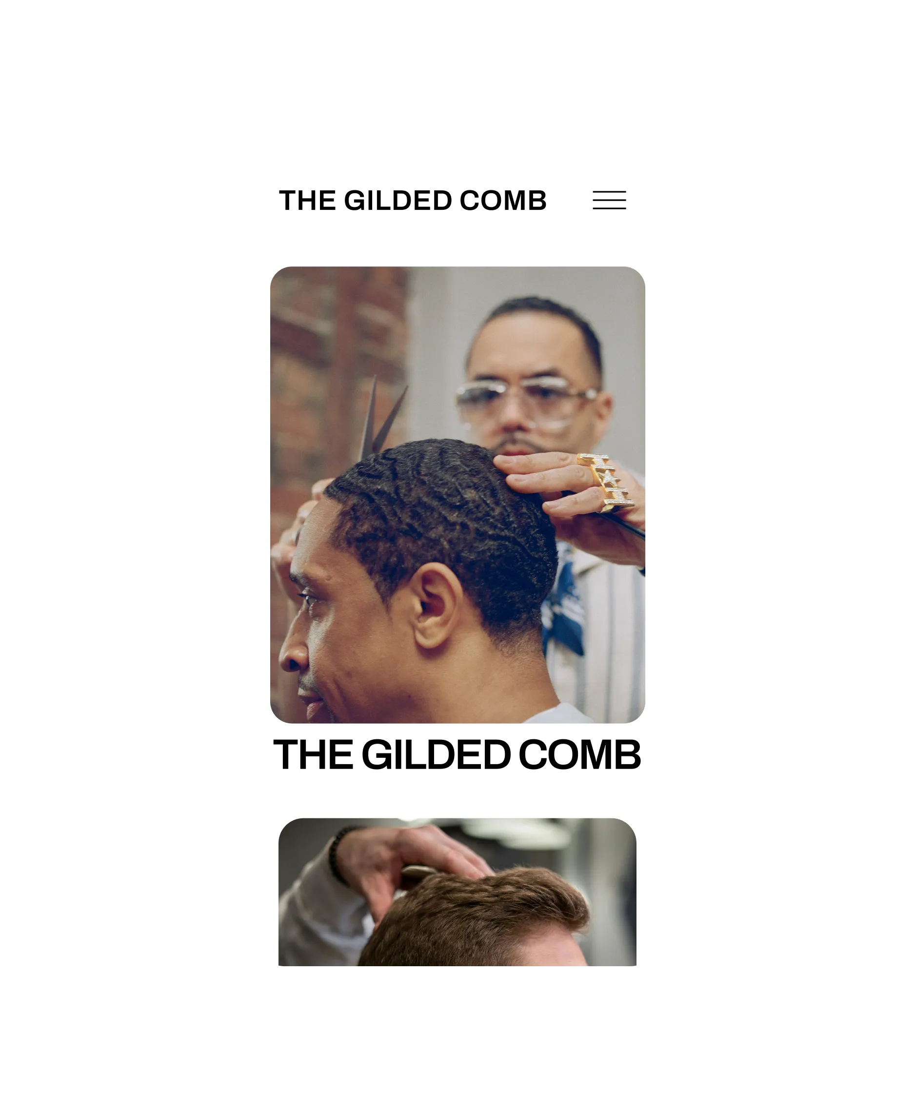 Mobile view of barber styling man’s hair for The Gilded Comb website