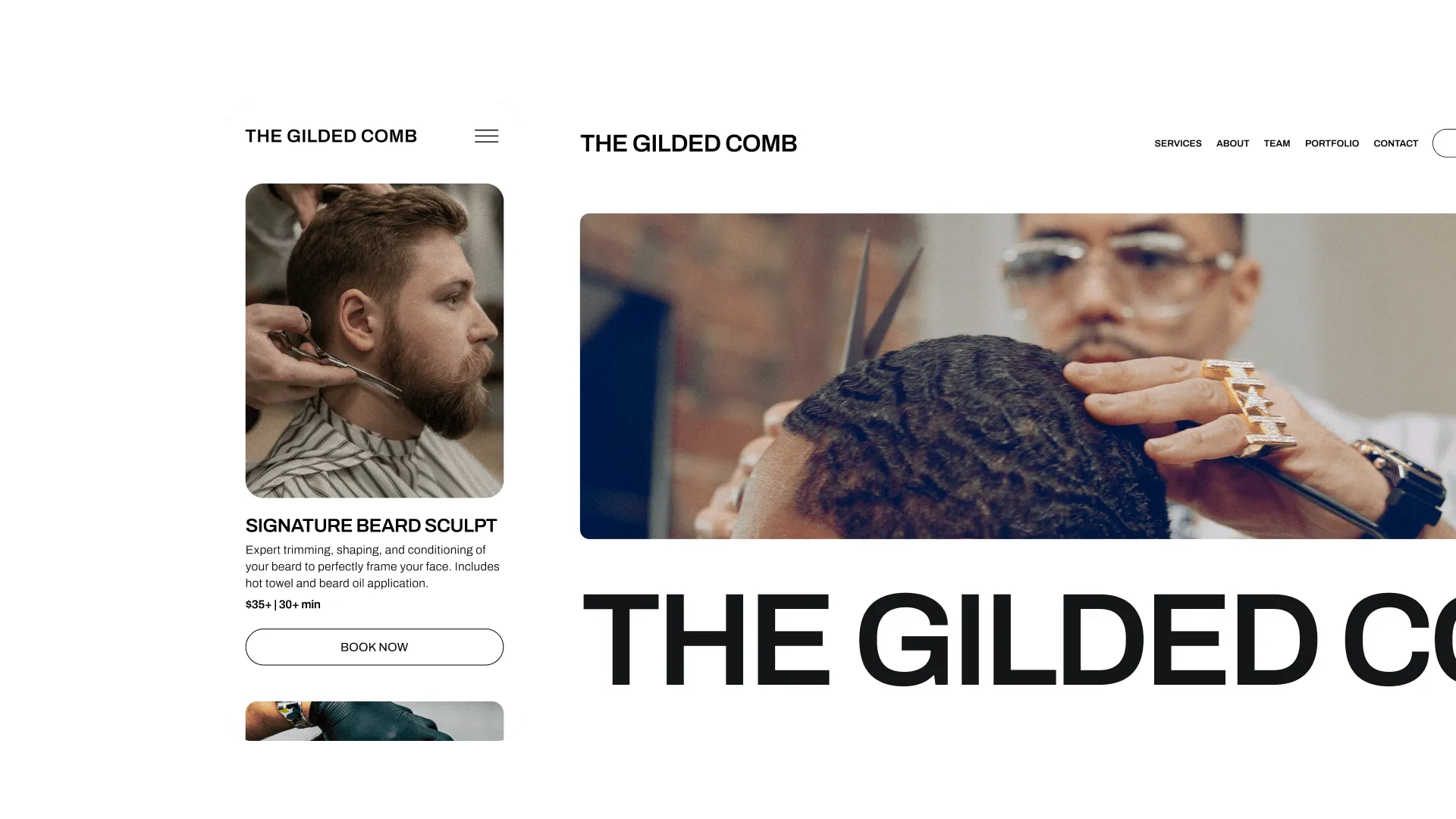 Mobile and desktop views of a GlossGenius-created barber booking site for The Gilded Comb displaying their services page and homepage.