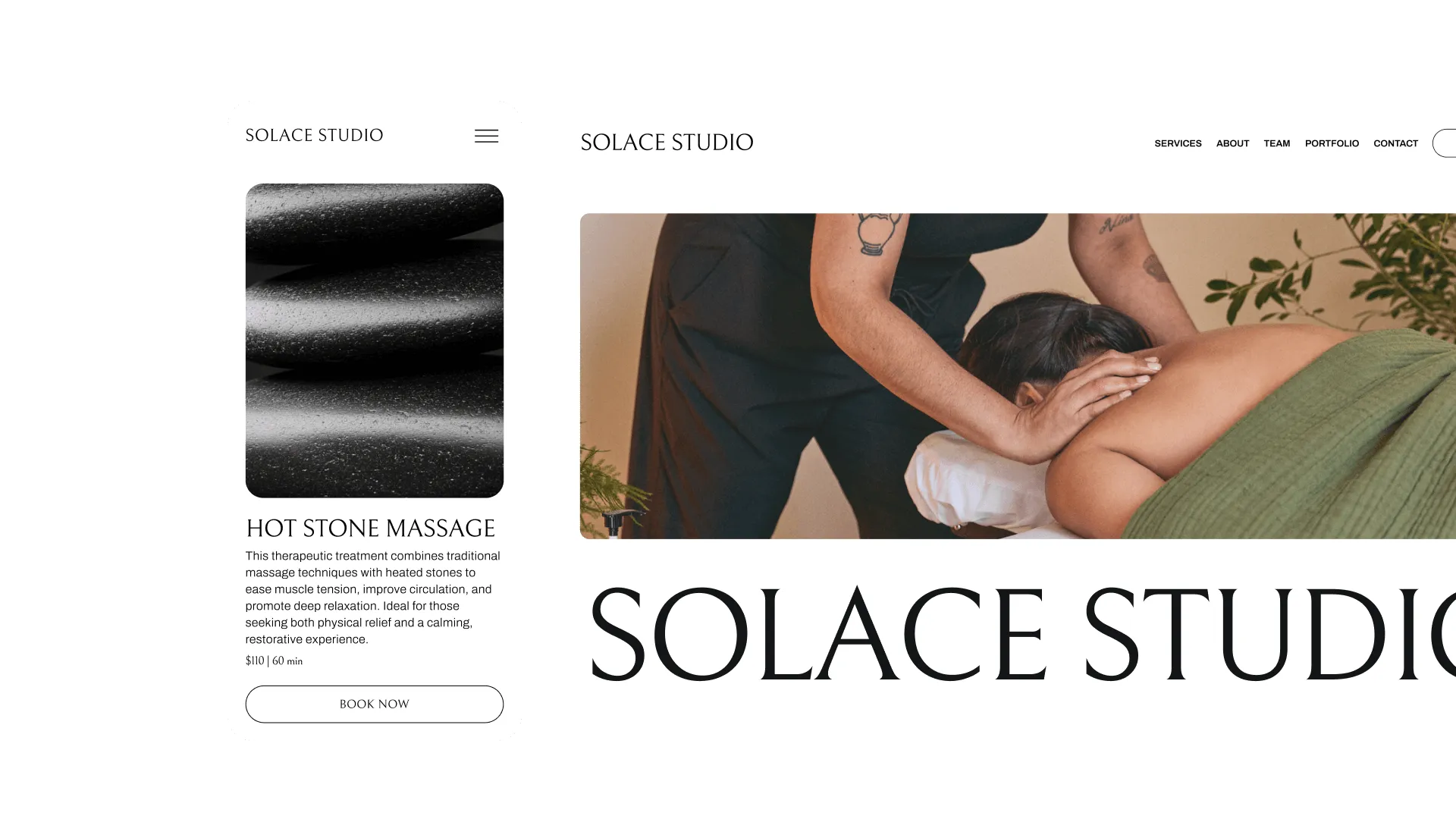 Mobile and desktop views of a GlossGenius-created massage therapy booking site for Solace Studio displaying their services page and homepage.