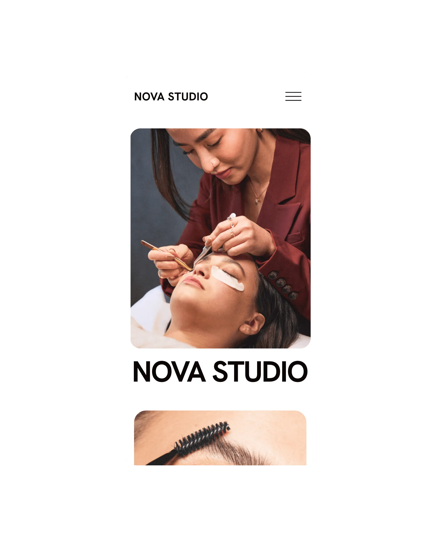 Mobile view of lash tech applying lashes to her client for Nova Studio website