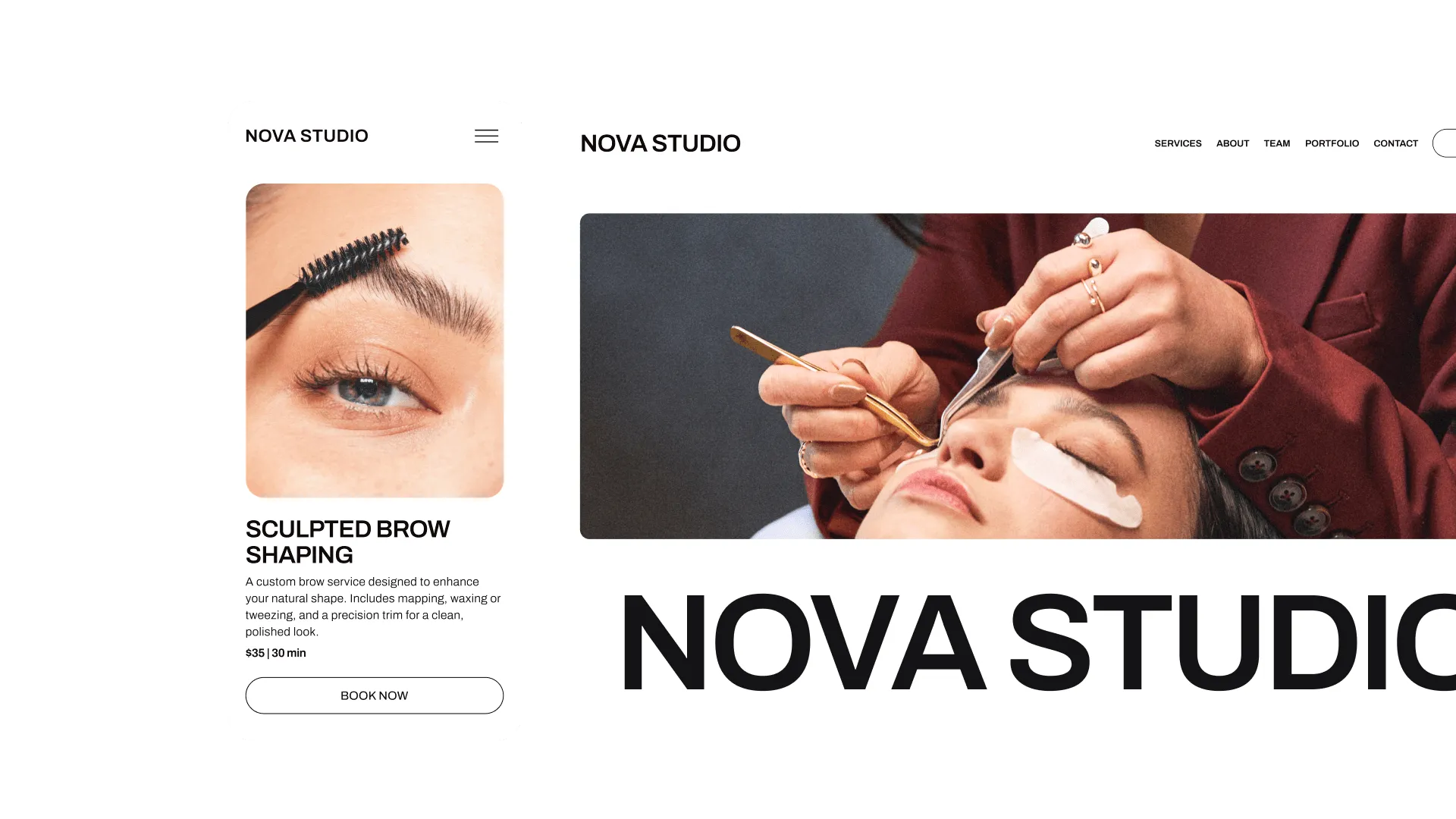 Mobile and desktop views of a GlossGenius-created lash and brow salon booking site for Nova Studio displaying their services page and homepage.