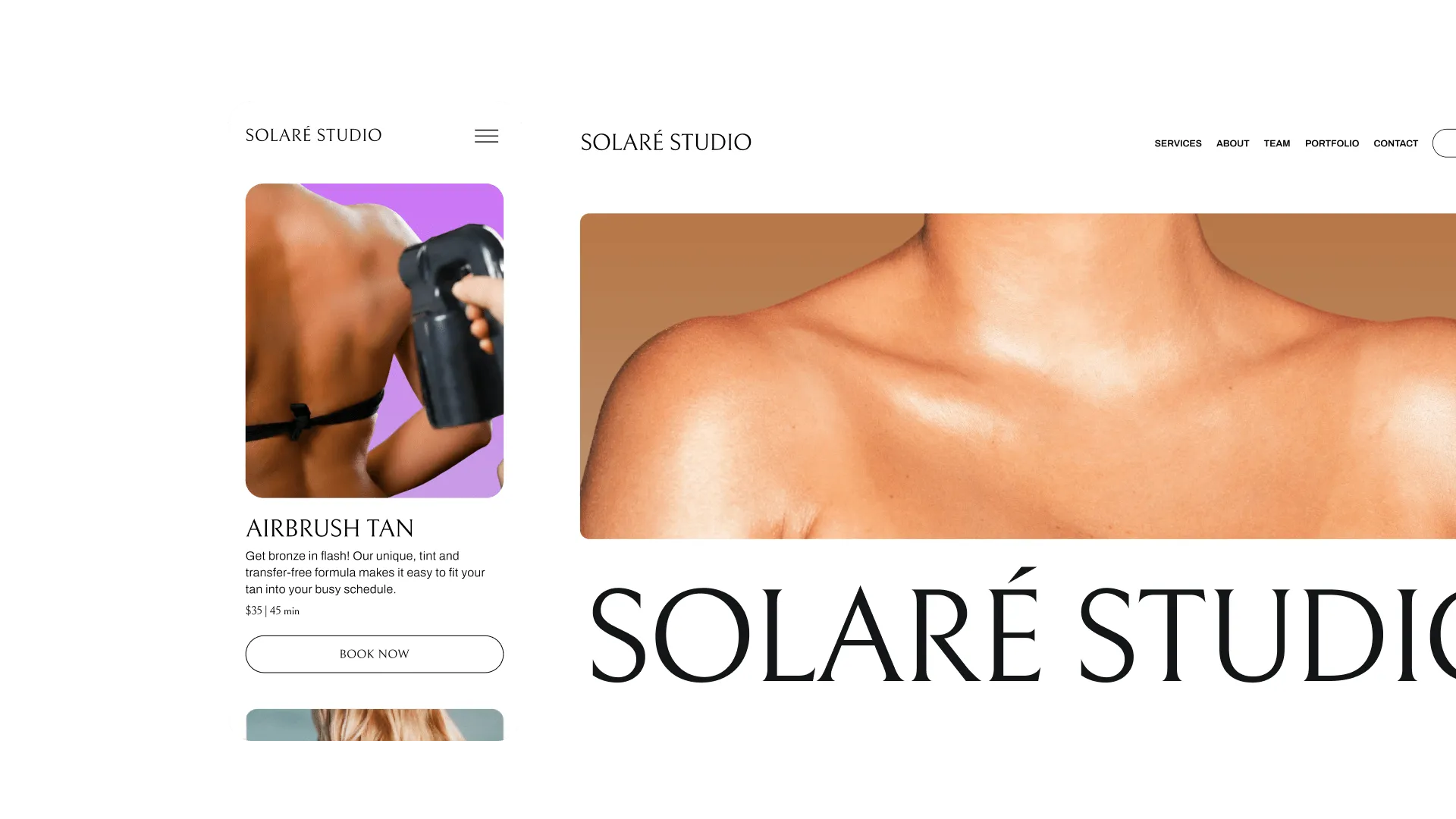 Mobile and desktop views of a GlossGenius-created tanning salon booking site for Solaré Studio displaying their services page and homepage.