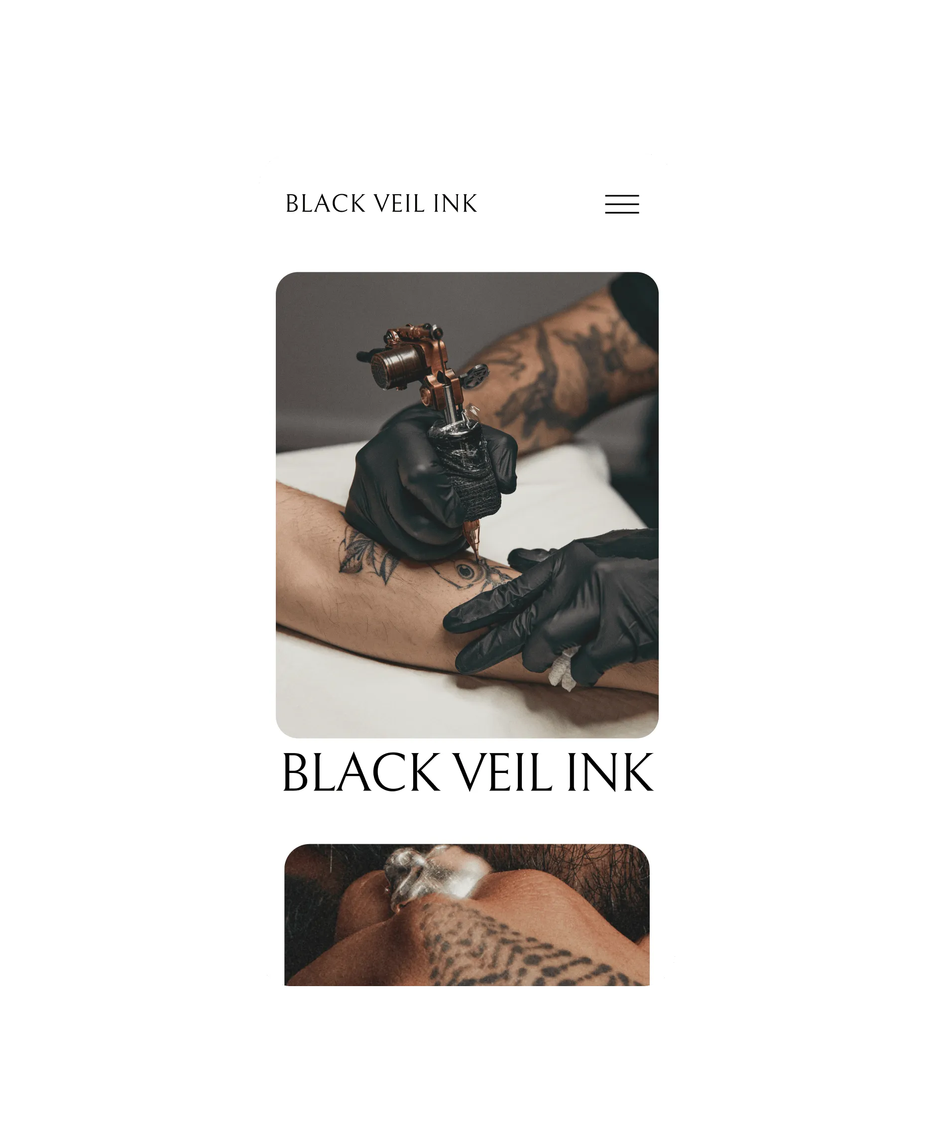 Mobile view of a tattoo artist in black gloves drawing a tattoo on his client’s skin for the Black Veil Ink website