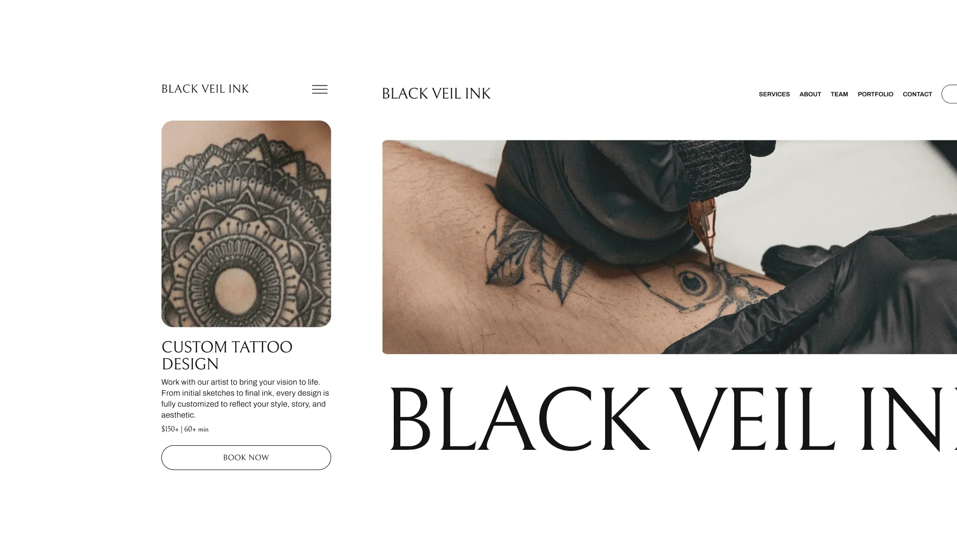 Mobile and desktop views of a GlossGenius-created tattoo booking site for Black Veil Ink displaying their services page and homepage.