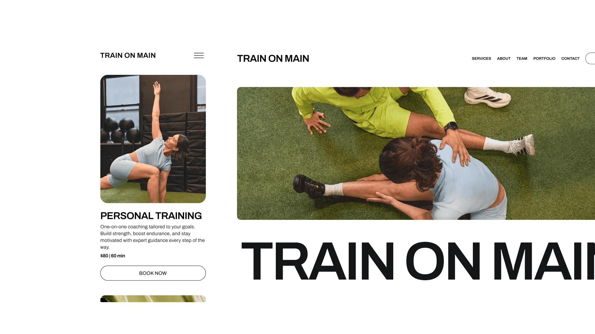 Mobile and desktop views of a GlossGenius-created personal trainer booking site for Train on Main displaying their services page and homepage.