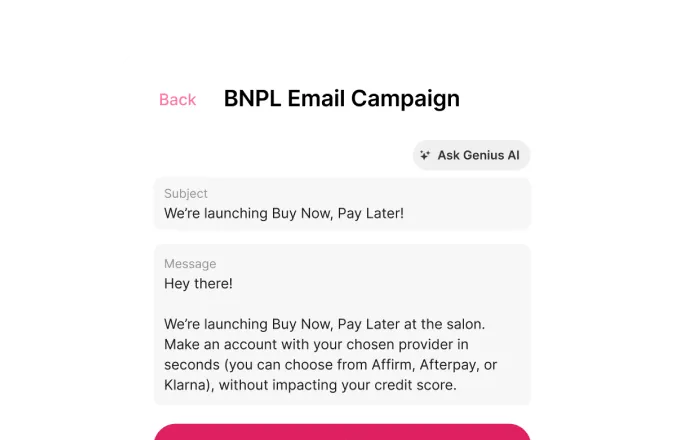 Example of buy now pay later email campaign draft created with GlossGenius AI assistant