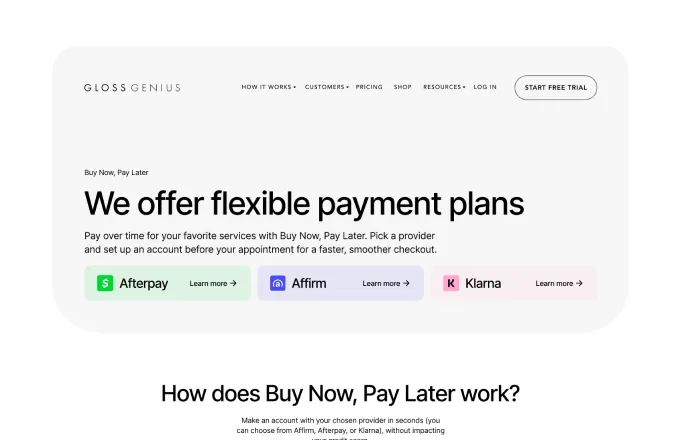 GlossGenius webpage featuring Buy Now, Pay Later options