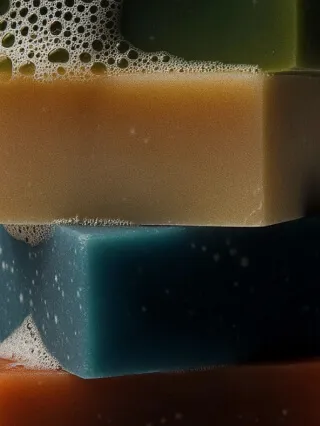 Closeup of slightly lathered blocks of blue and beige soap
