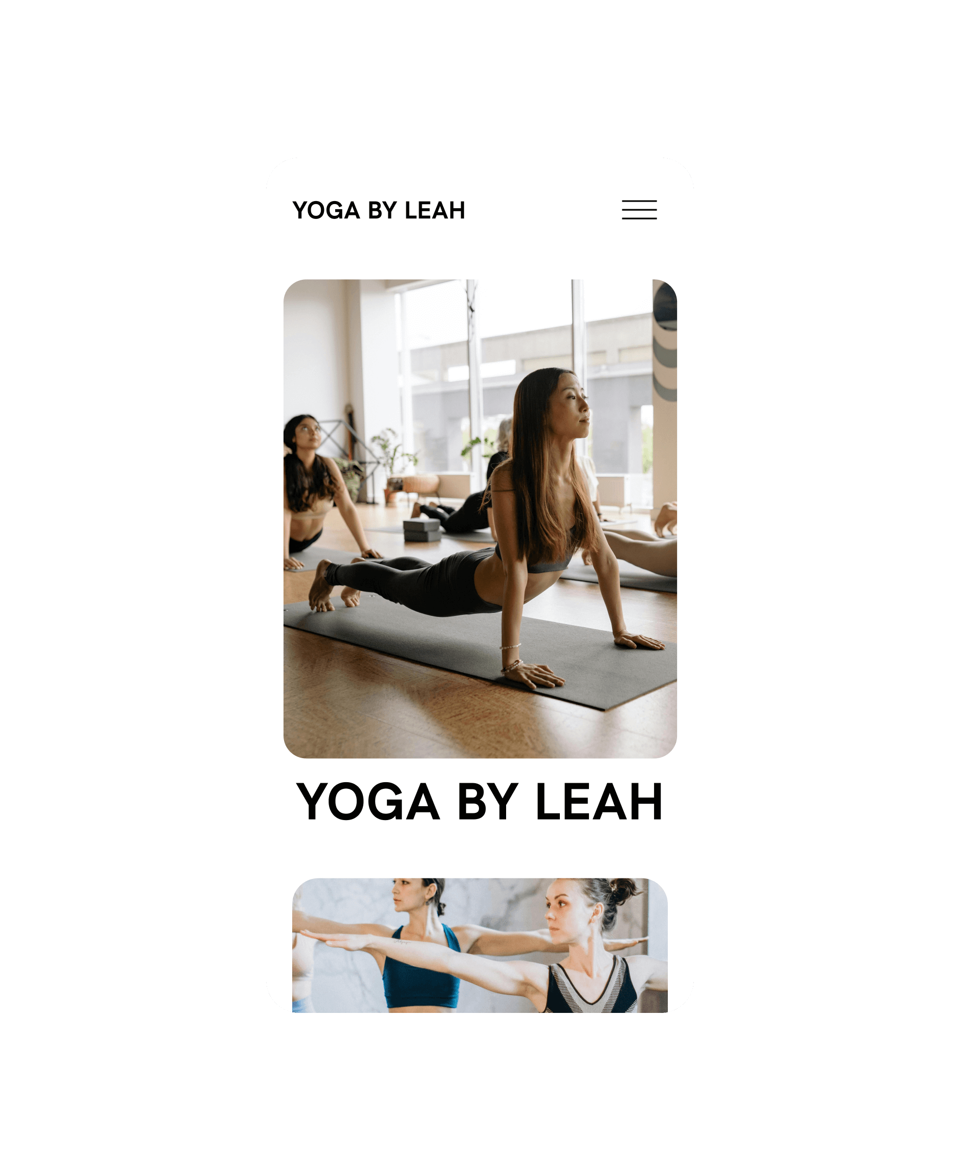The homepage of a mobile booking website for Yoga by Leah created using GlossGenius’s yoga booking site builder, featuring women in a yoga class in the updog yoga position.