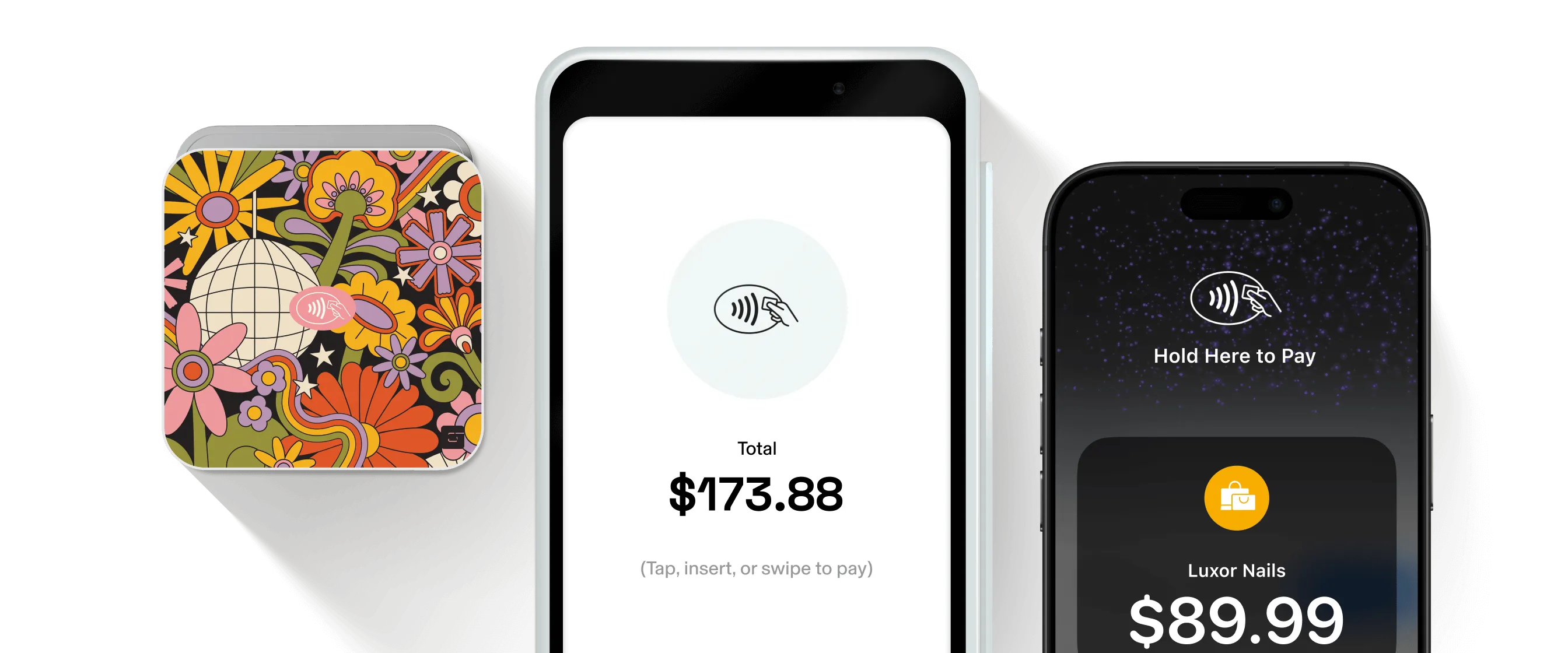 A floral patterned GlossGenius Tap & Go credit card reader next to a mobile screen reading a transaction total of $173.88, next to another mobile screen featuring a Tap-to-Pay symbol