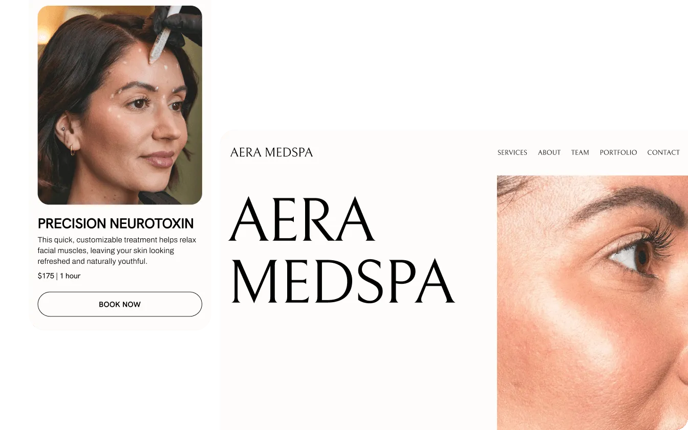 Picture of the side of a woman’s face next to photo of the Aera Spa booking website featuring the side of another woman’s face