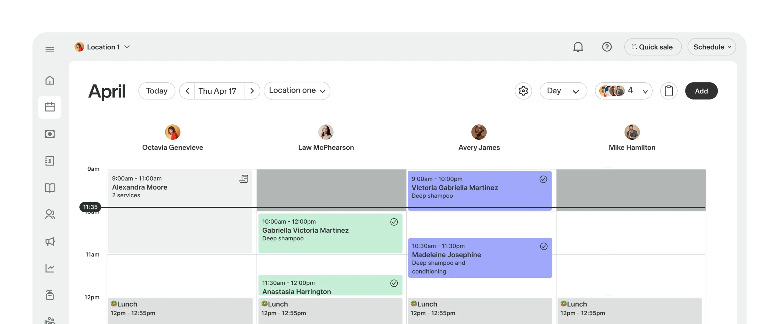 Screenshot of a staff calendar with grayed-out time slots