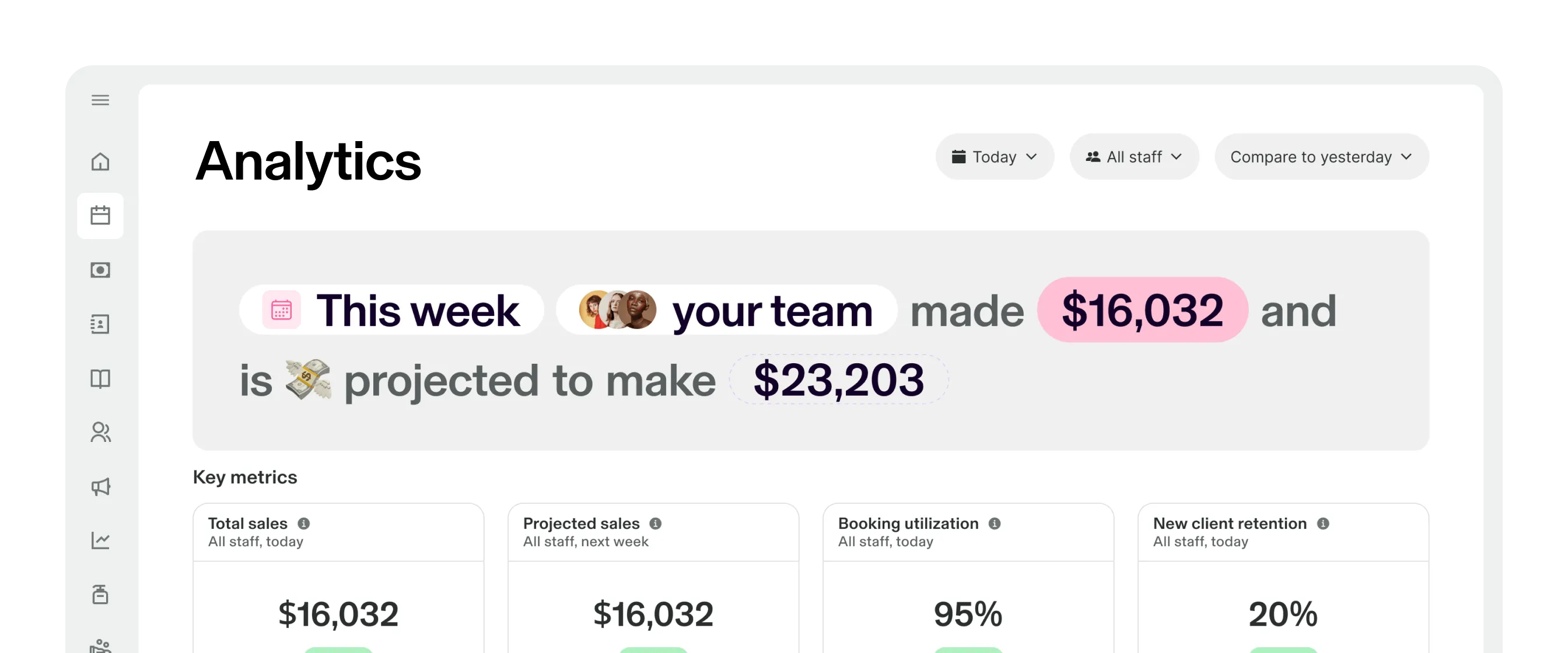 Screenshot of the GlossGenius Analytics feature screen displaying earnings and projections