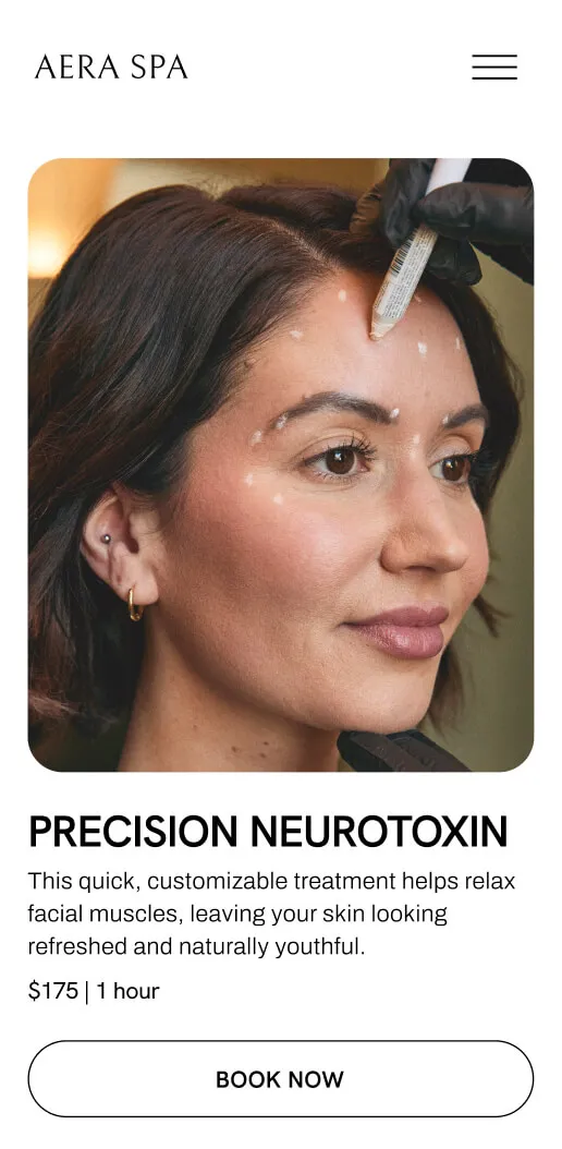 Mobile view of a GlossGenius booking site showing a neurotoxin treatment service page with a picture of a woman receiving a forehead injection, a service description, and Book Now button.