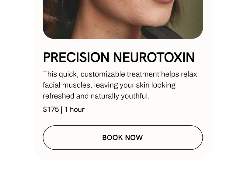 Mobile view of a GlossGenius booking site showing a neurotoxin treatment service page with a picture of a woman receiving a forehead injection, a service description, and Book Now button.