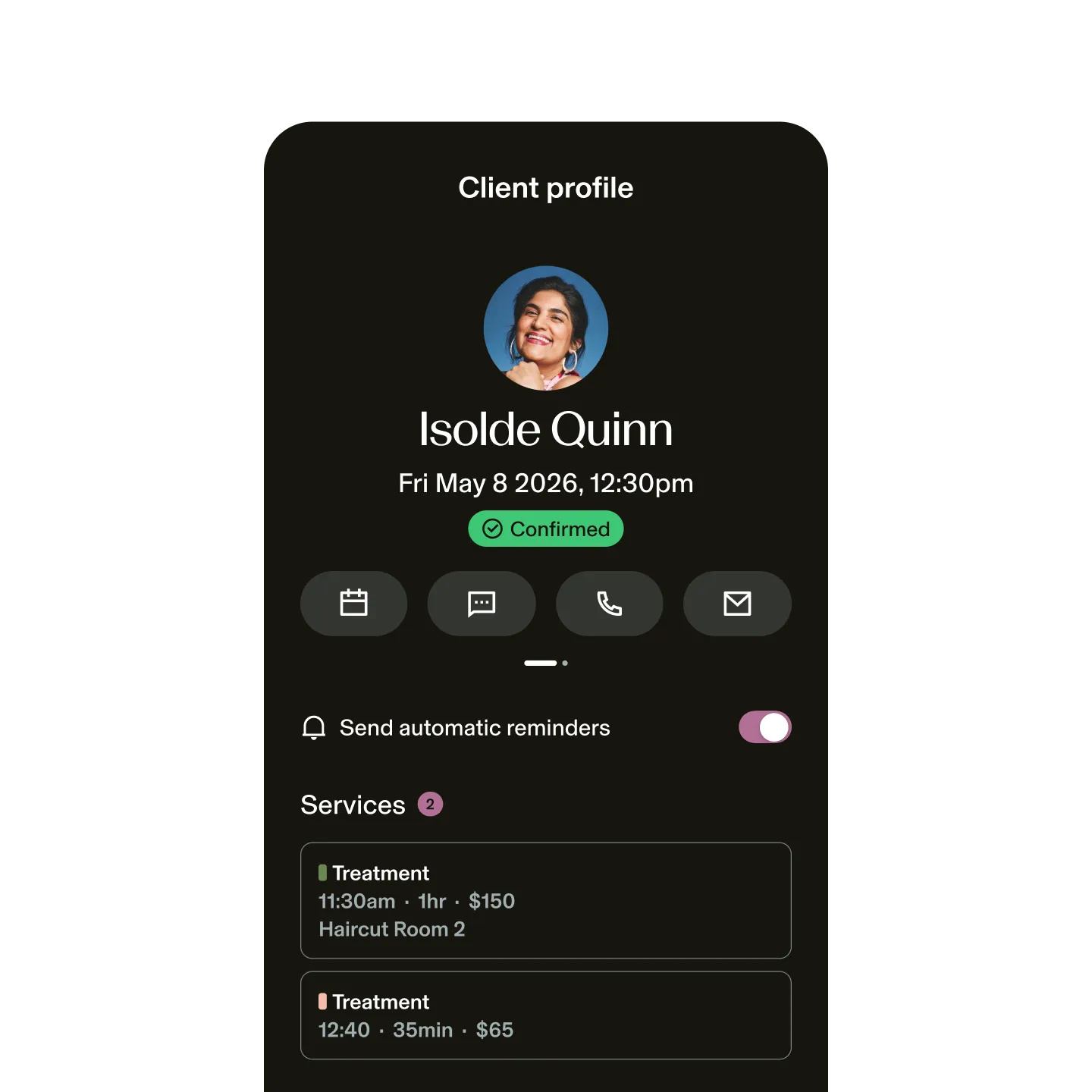 Screenshot of a client profile in the GlossGenius scheduling app showing Isolde Quinn’s confirmed appointment and previous services.