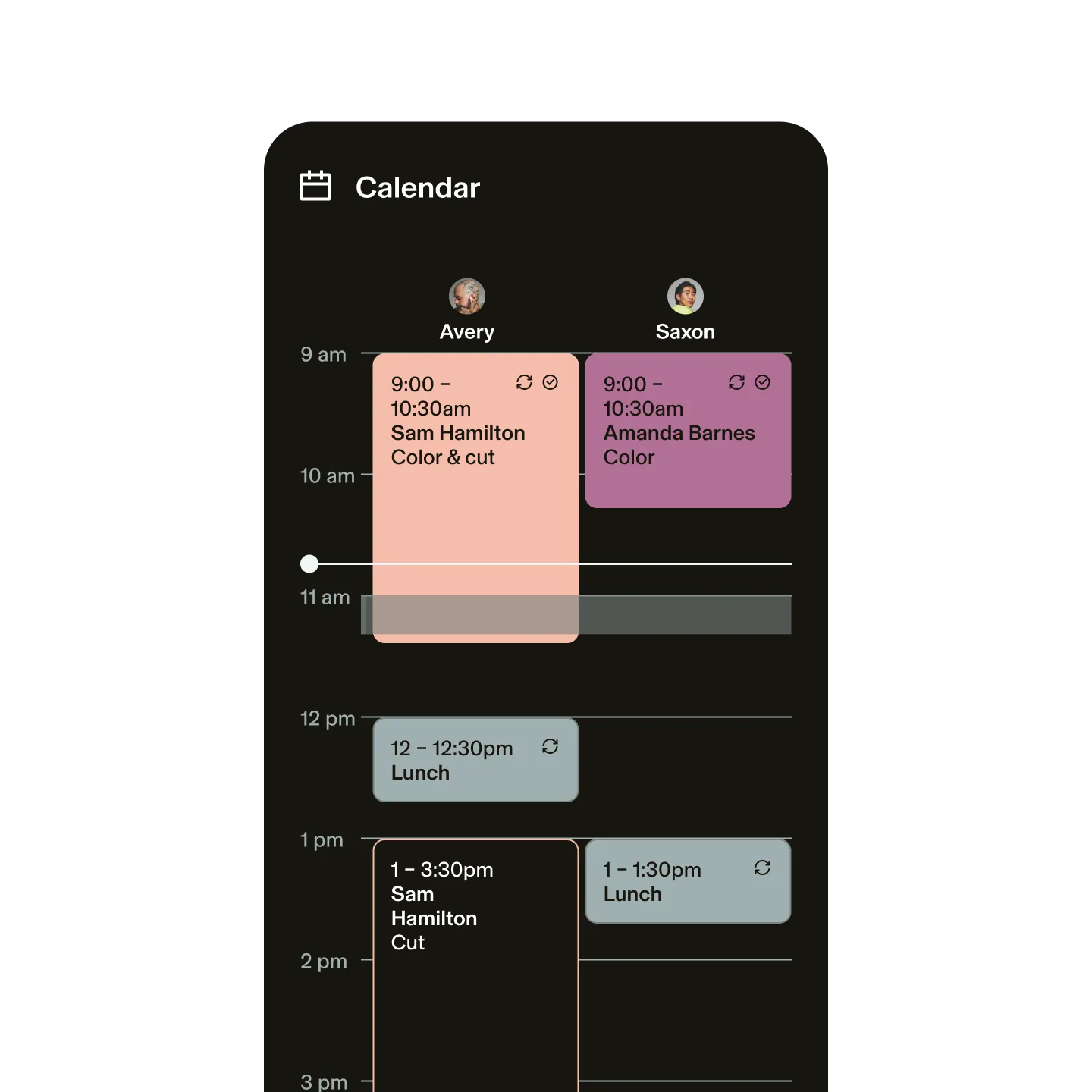 Mobile view of color-coded GlossGenius calendar management system.