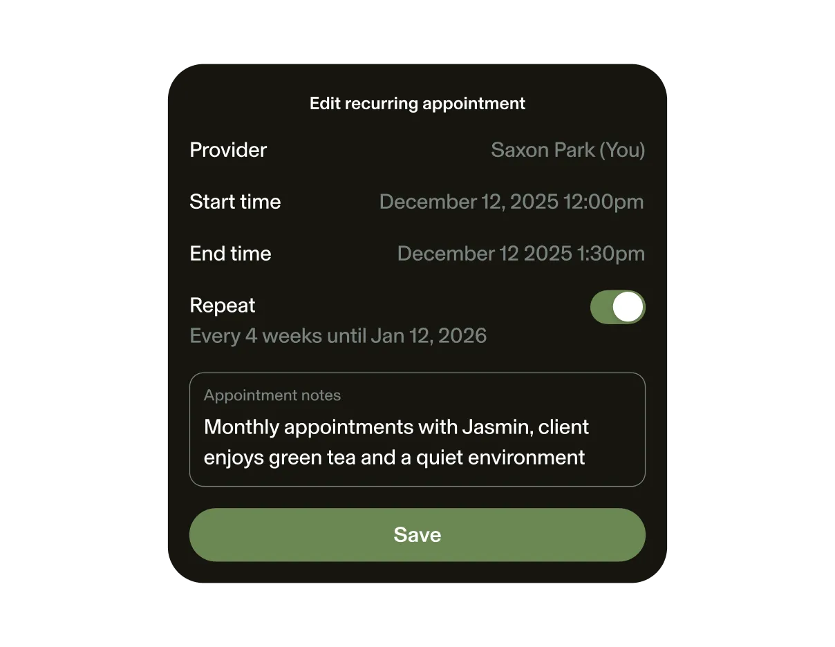 Example of GlossGenius recurring appointment edit screen.