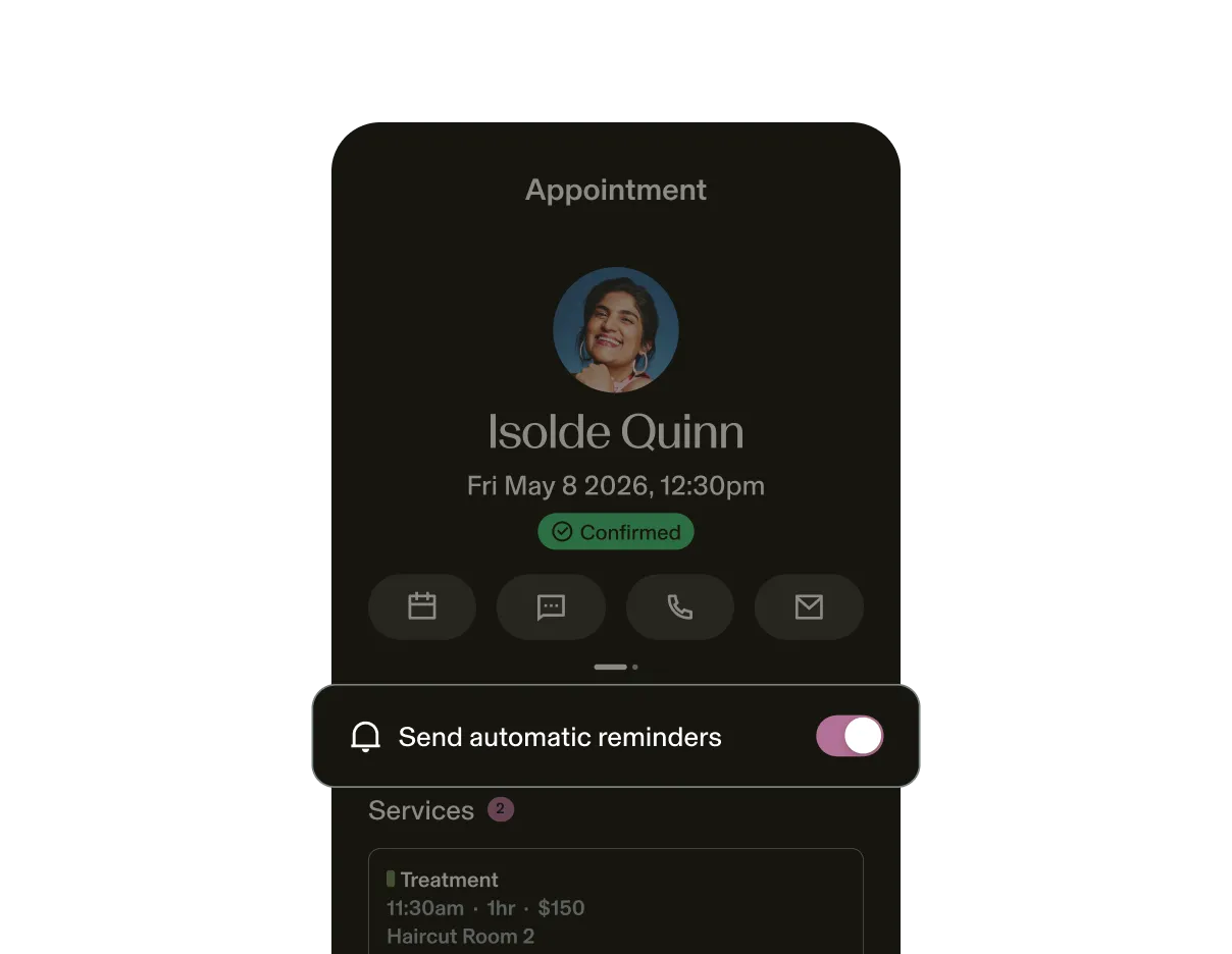 Screenshot of appointment screen emphasizing automatic reminder feature toggled on from the GlossGenius appointment scheduling software.