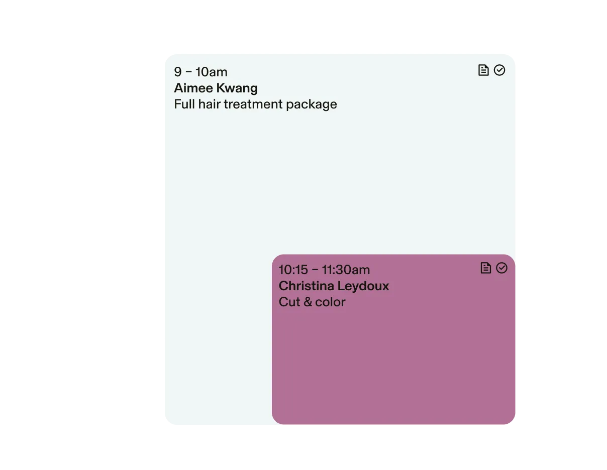 Screenshot of color-coded GlossGenius calendar with overlapping time slots.