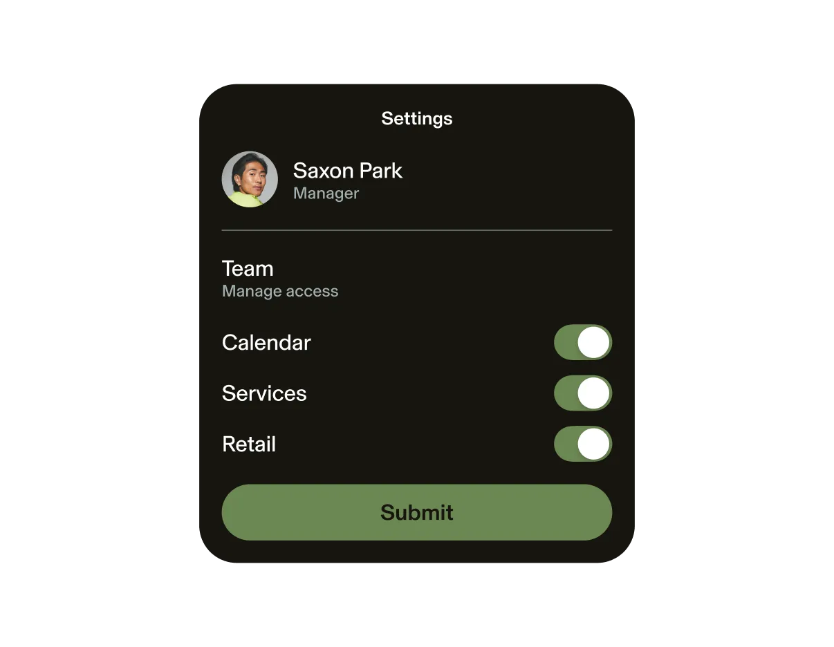 Screenshot of GlossGenius’s staff permission settings for Saxon Park, with calendar, services, and retail access all toggled on.