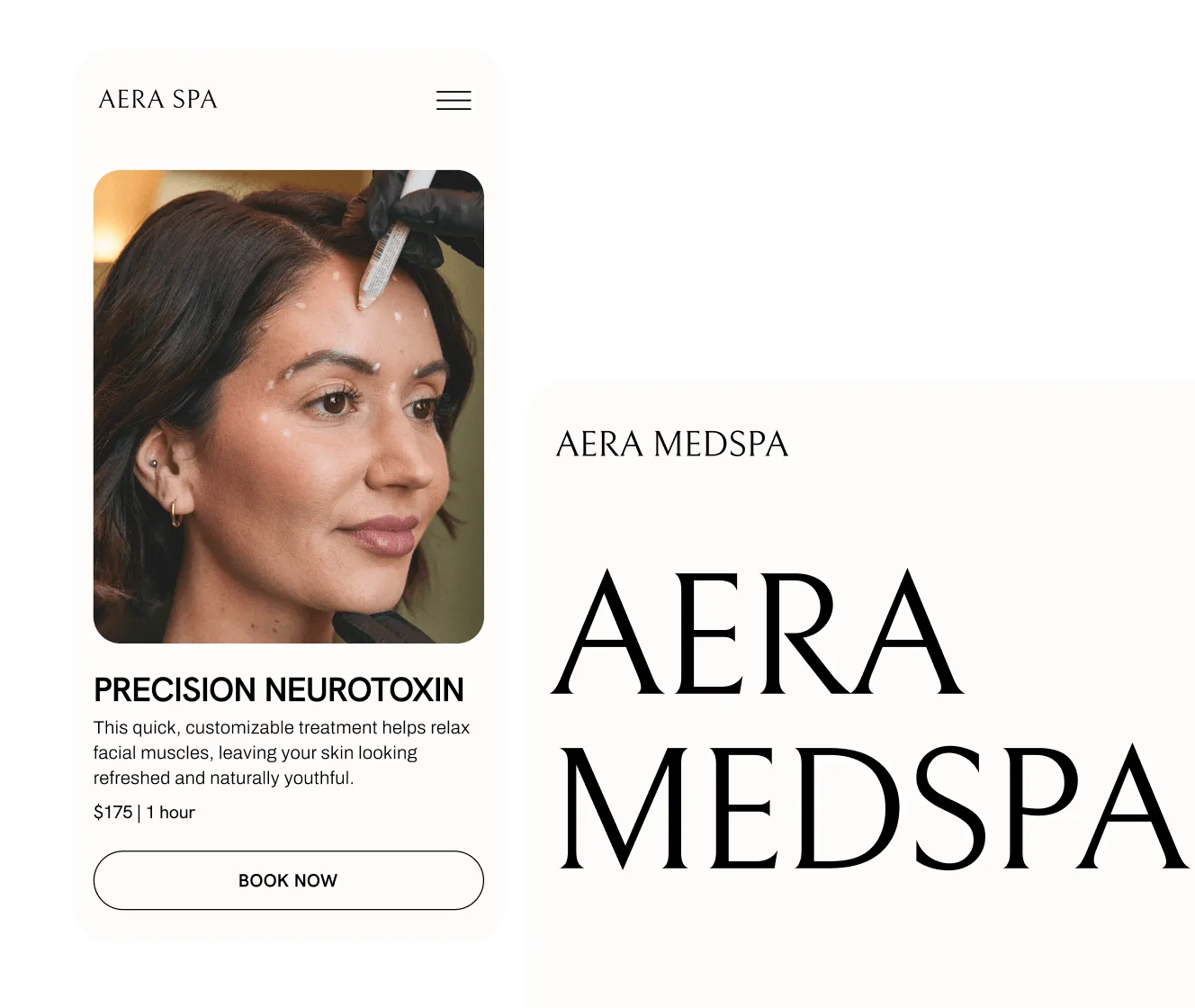 Mobile and desktop views of a GlossGenius booking site for Aera MedSpa showing a neurotoxin treatment service page with a picture of a woman receiving a forehead injection, service description, pricing, and Book Now button.