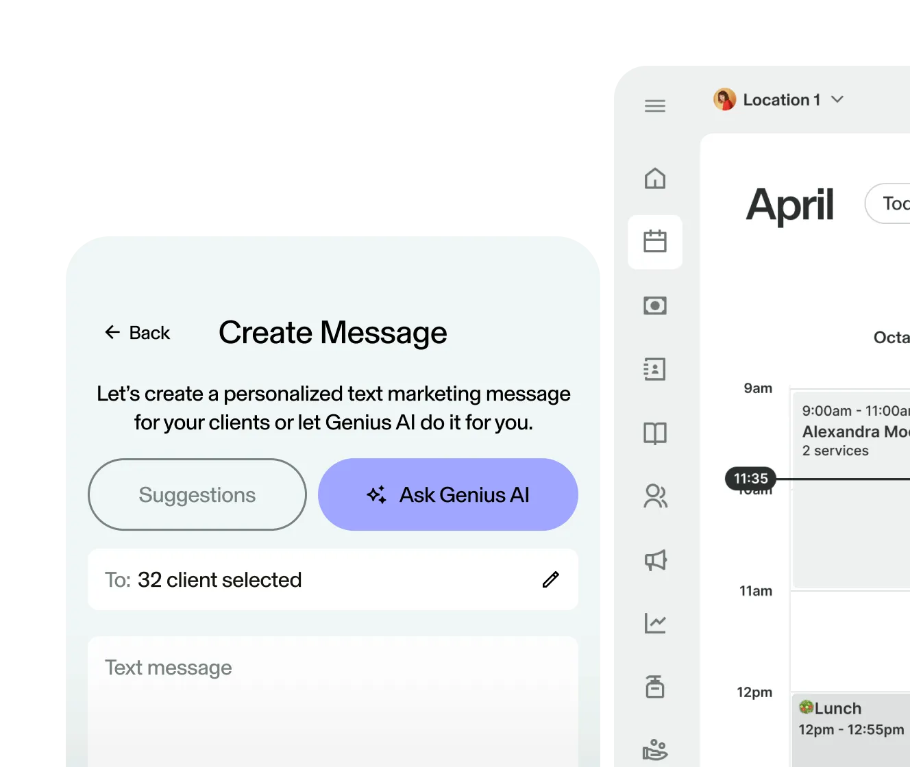 Image of a mobile screen that has GlossGenius’s AI marketing tool opened to create a message for a text marketing campaign shown alongside an April calendar view with appointments.
