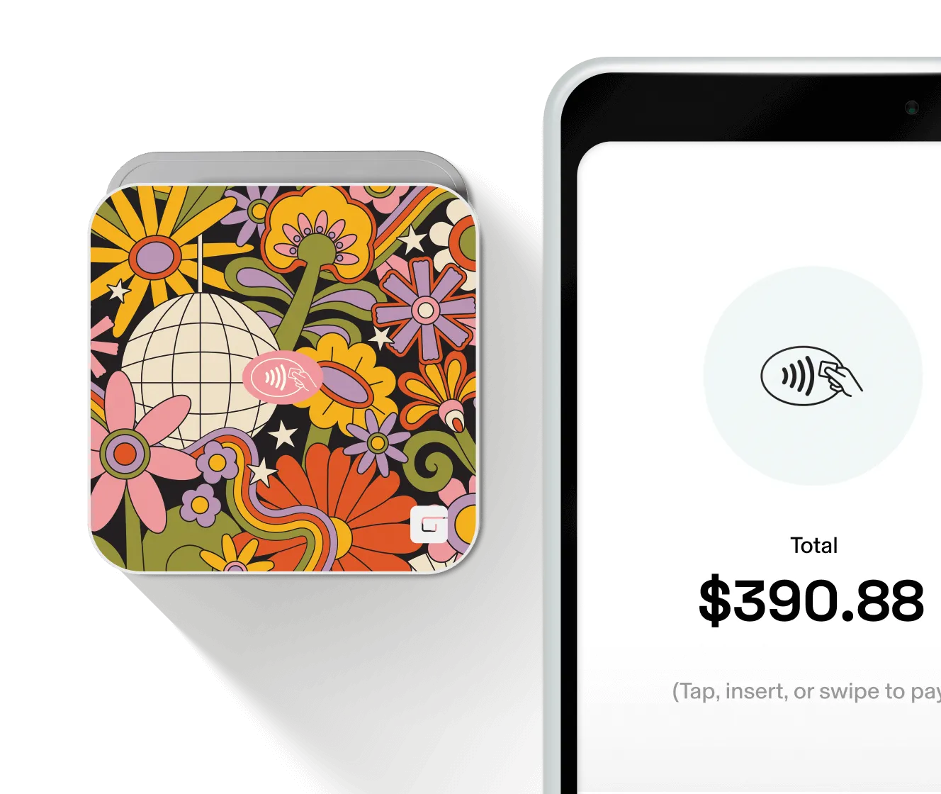 Collage of the GlossGenius Payments hardware options: a GlossGenius Tap & Go card reader with a floral design and a GlossGenius Pro Reader displaying a checkout amount of $390.88.
