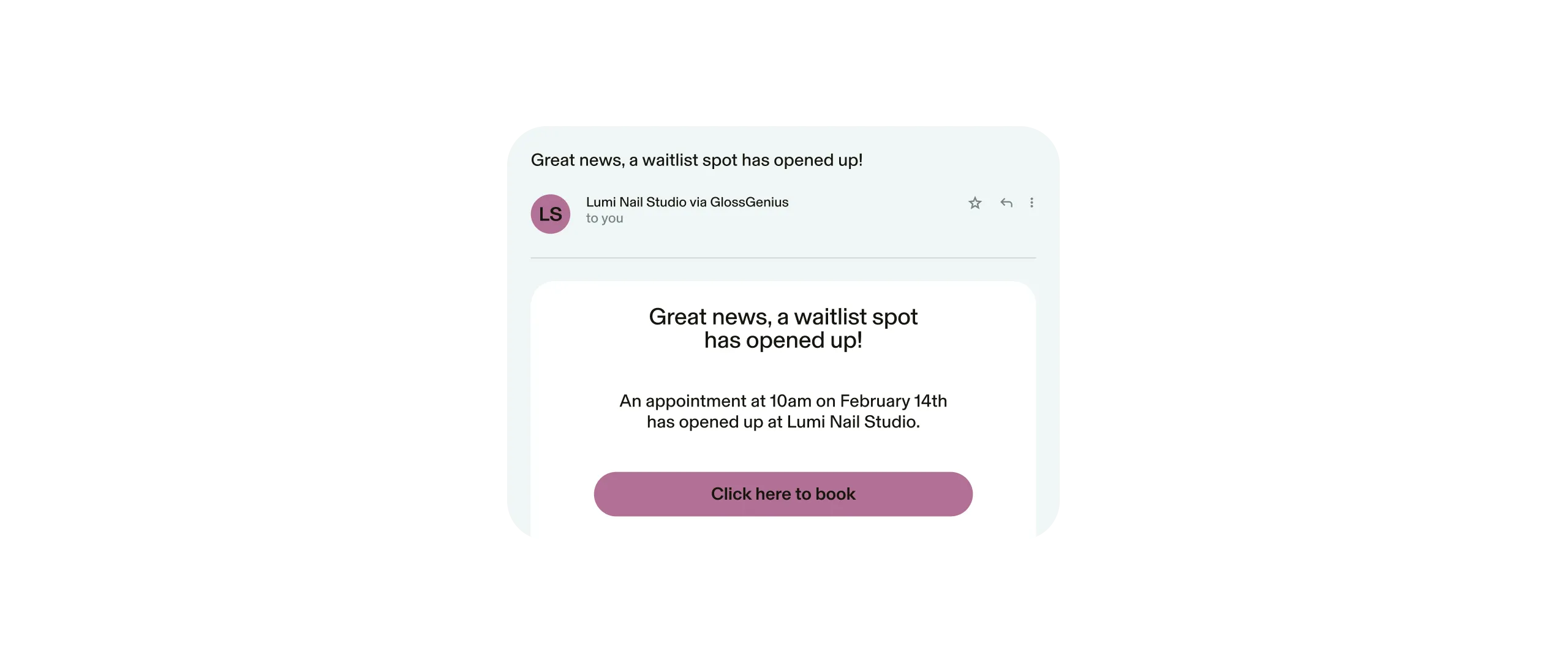 A GlossGenius email waitlist notification for a nail studio
