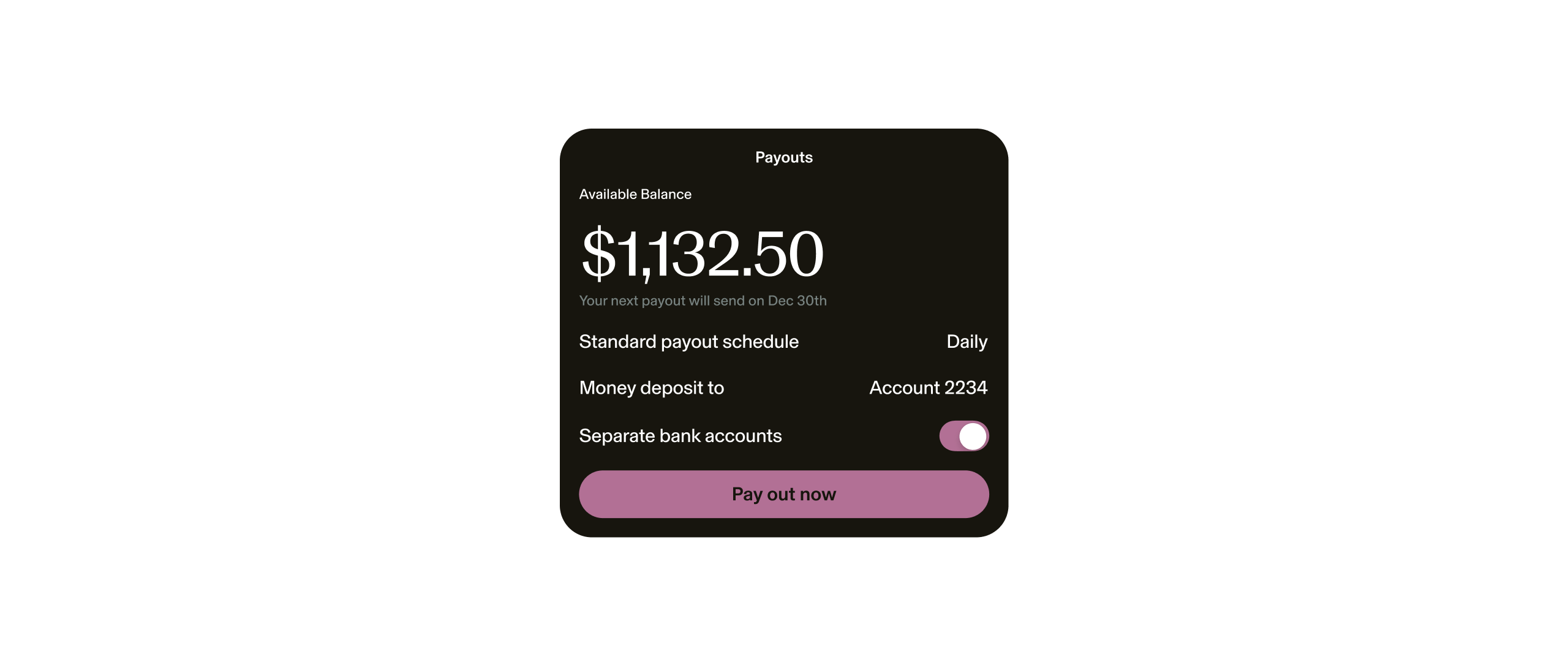 Image of the GlossGenius payouts screen with deposit info
