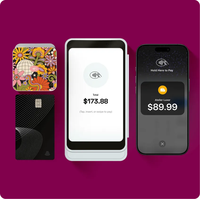 Image of GlossGenius patterned Tap & Go reader above a black credit card, next to the GlossGenius Pro Reader screen showing an owed balance of $173.88, next to a black phone displaying a total of $89.99