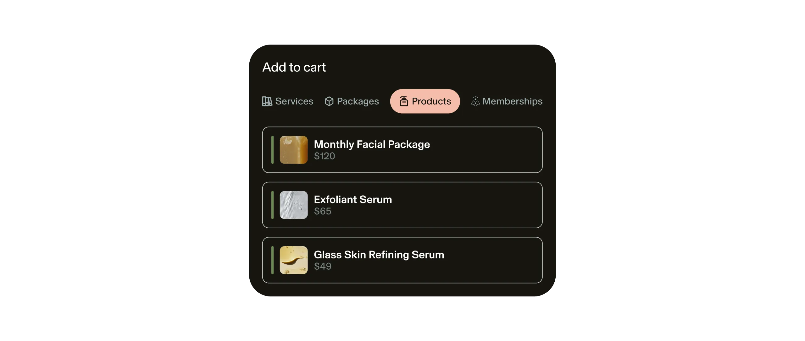 Example of GlossGenius product and package purchase page