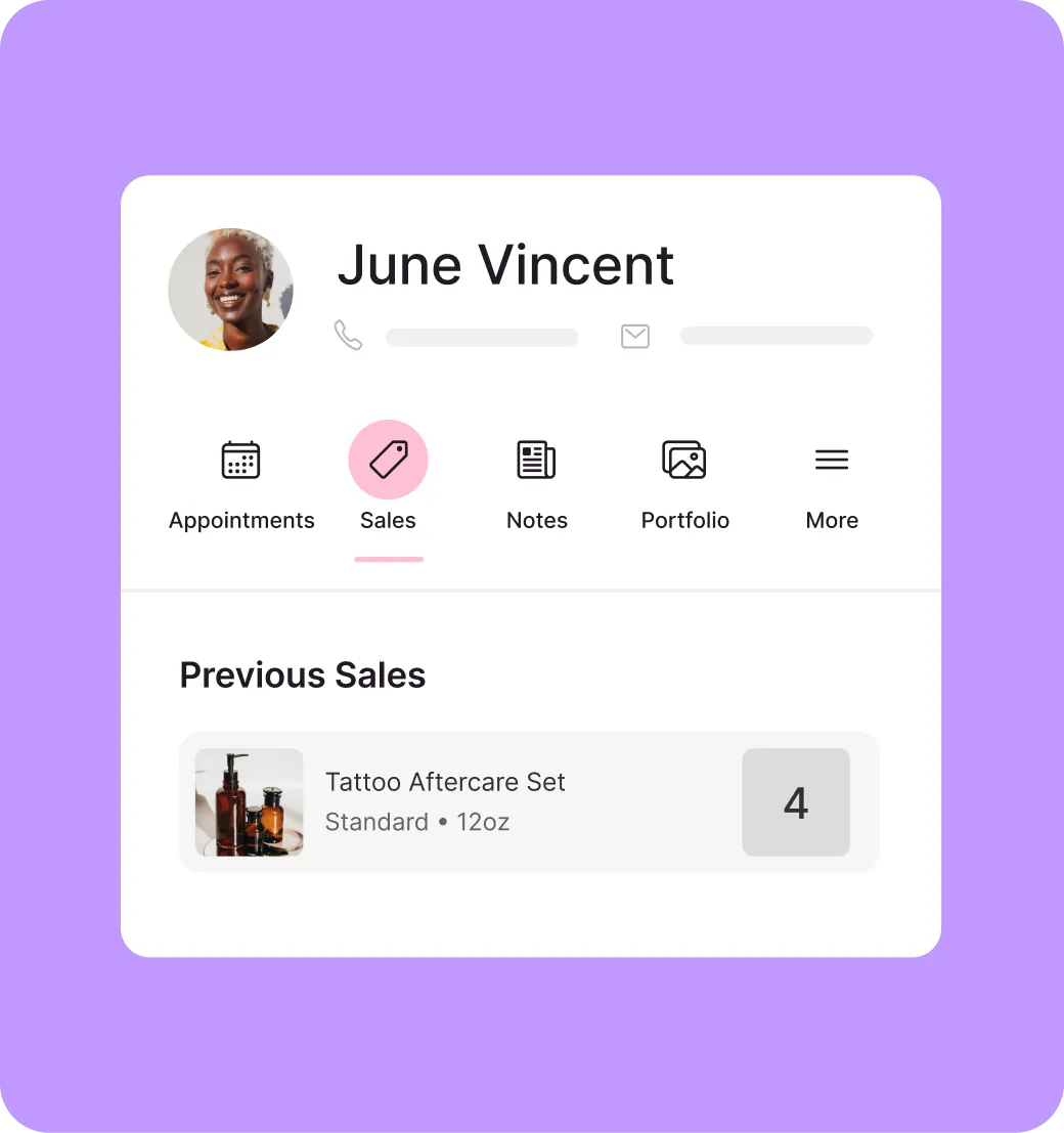 A client profile featuring sales history
