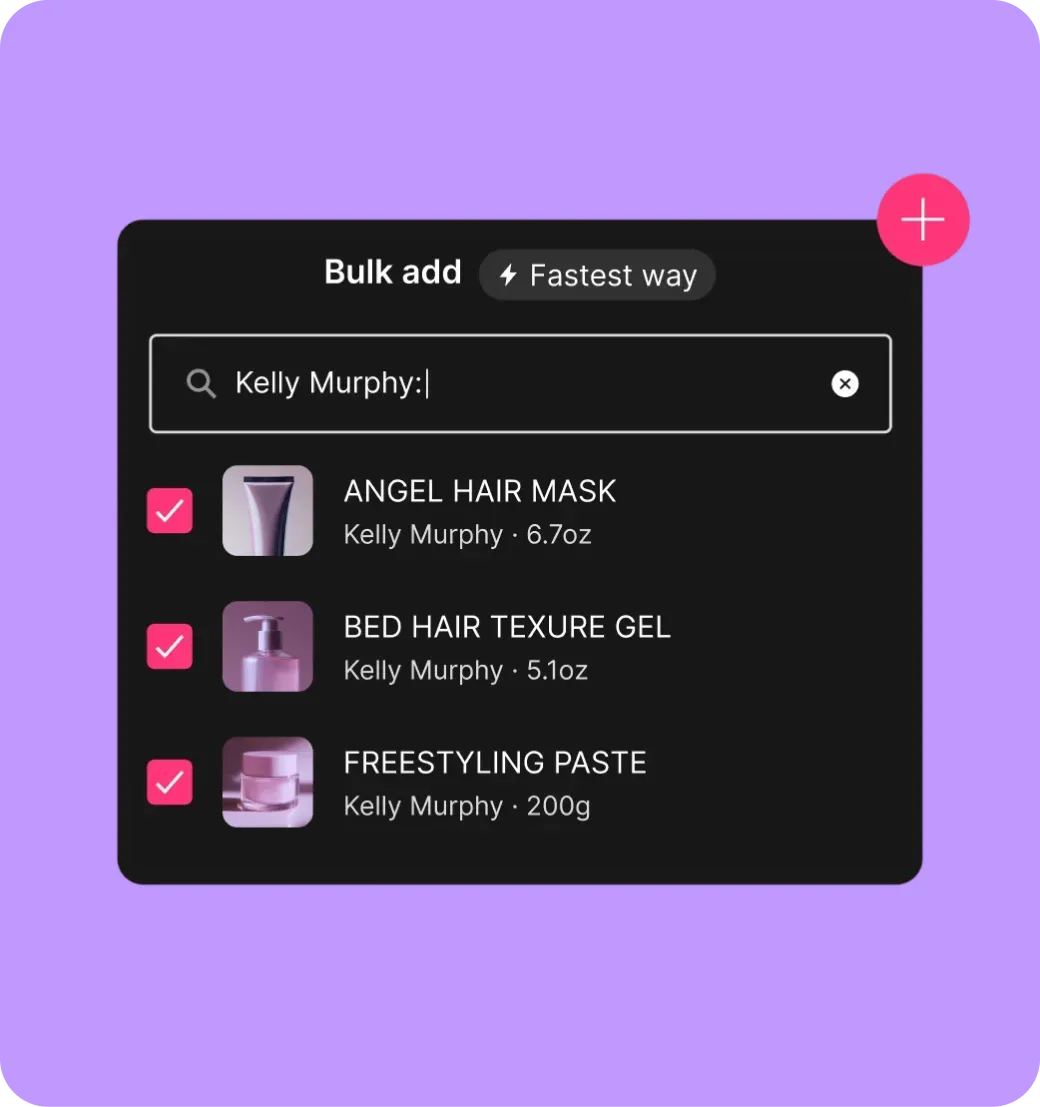 Image of the GlossGenius bulk-add inventory screen.