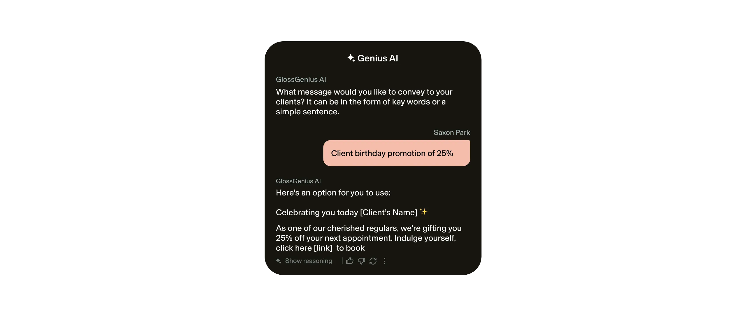 A text conversation between Saxon Park, a salon owner using GlossGenius, and the GlossGenius AI Marketing Analyst, where Saxon is getting copy ideas for a "client birthday promotion of 25%" for his salon's text marketing campaign