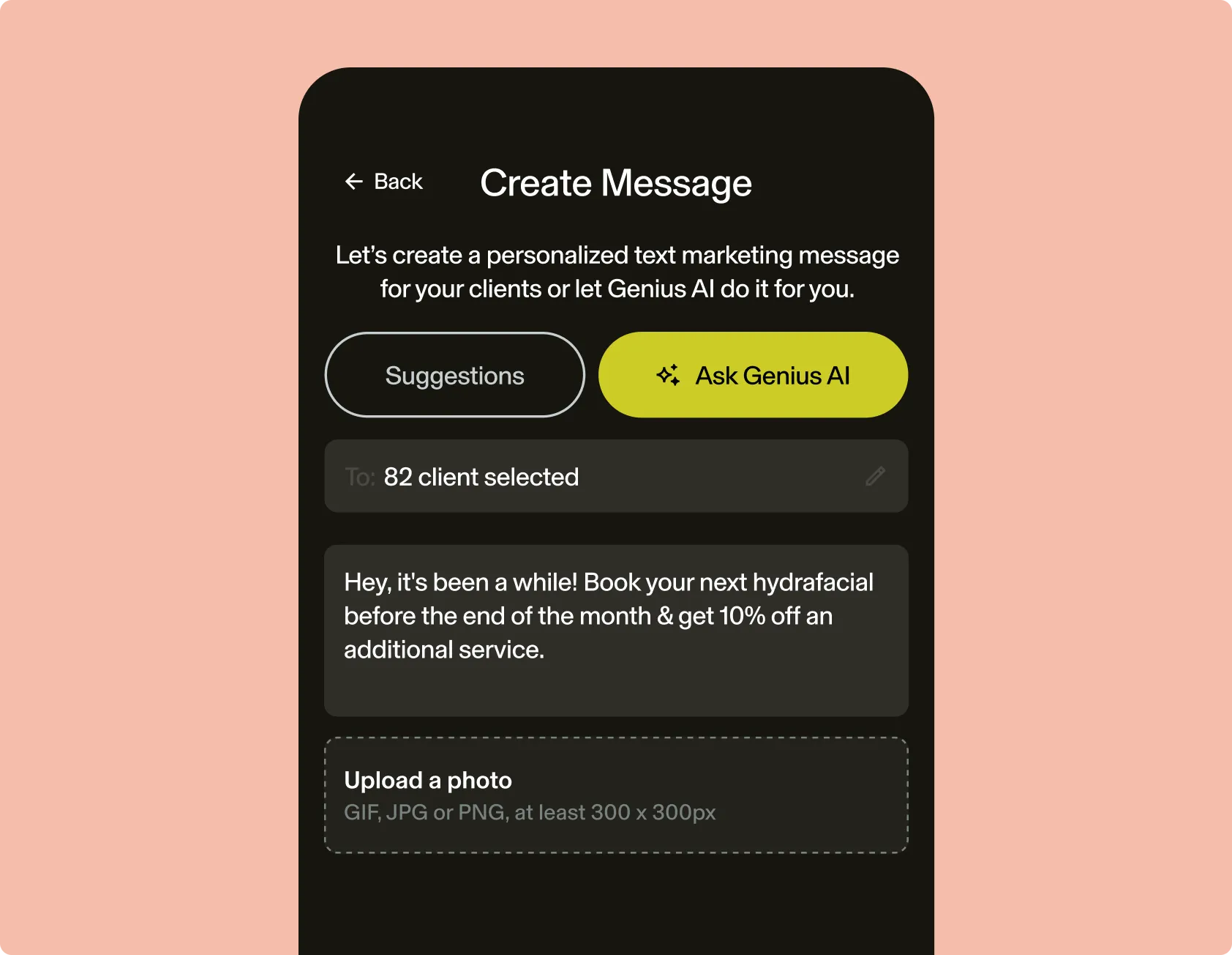GlossGenius personalized text marketing message screen
