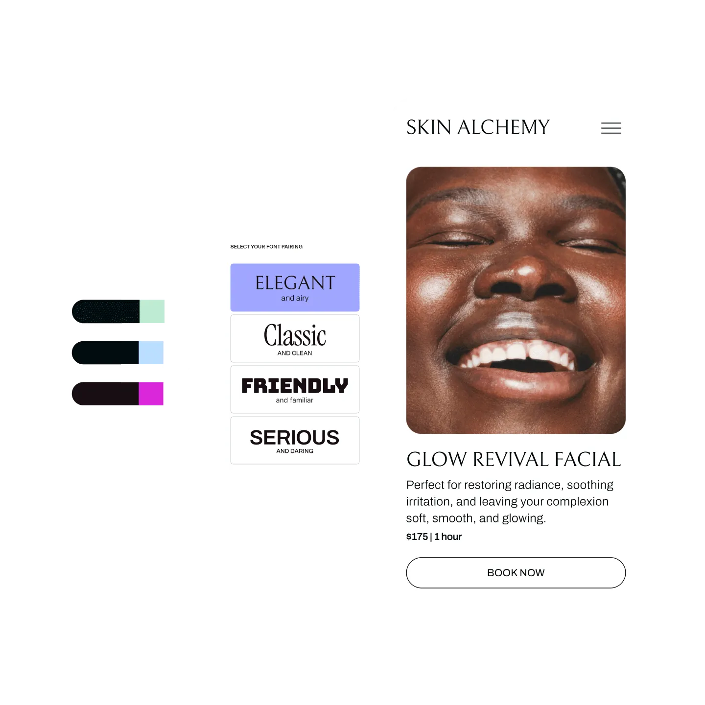 Three screenshots showing the GlossGenius custom booking website builder showing color palette customizations green, light blue, and fuchsia; a font selector with Elegant, Classic, Friendly, and Serious font options; and a mobile preview of a completed booking site for Skin Alchemy featuring a Glow Revival Facial service.