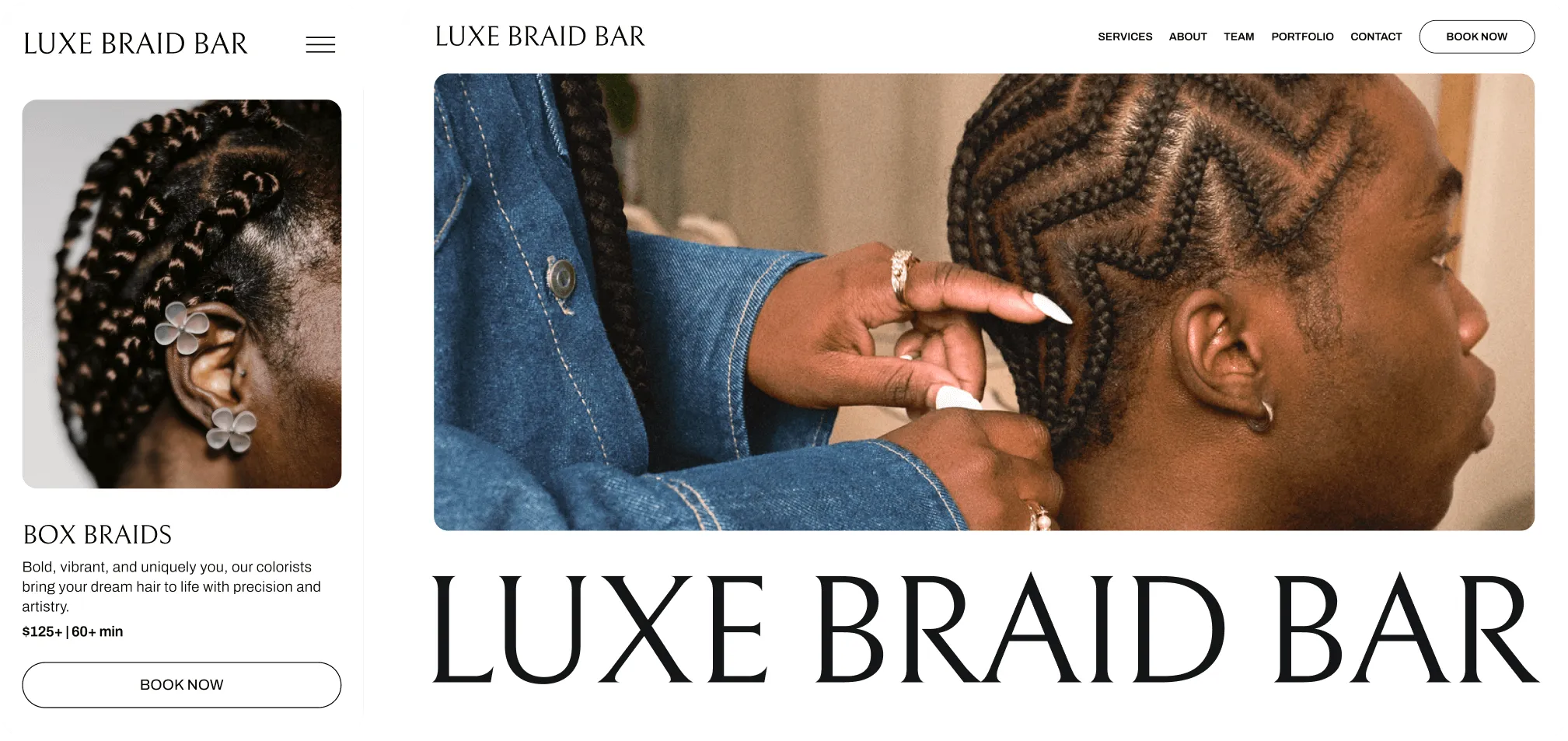 Mobile and desktop views of a GlossGenius-created salon booking site for Luxe Braids displaying their services page and homepage.