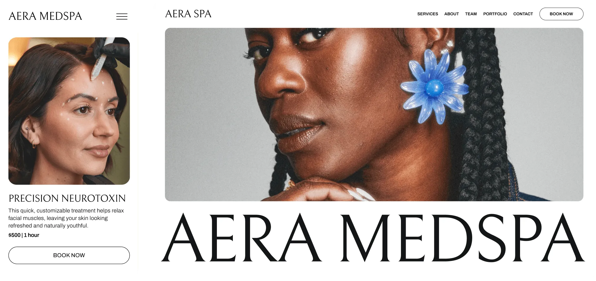 Mobile and desktop views of a GlossGenius-created medspa booking site for Aera Medspa displaying their services booking page and homepage.