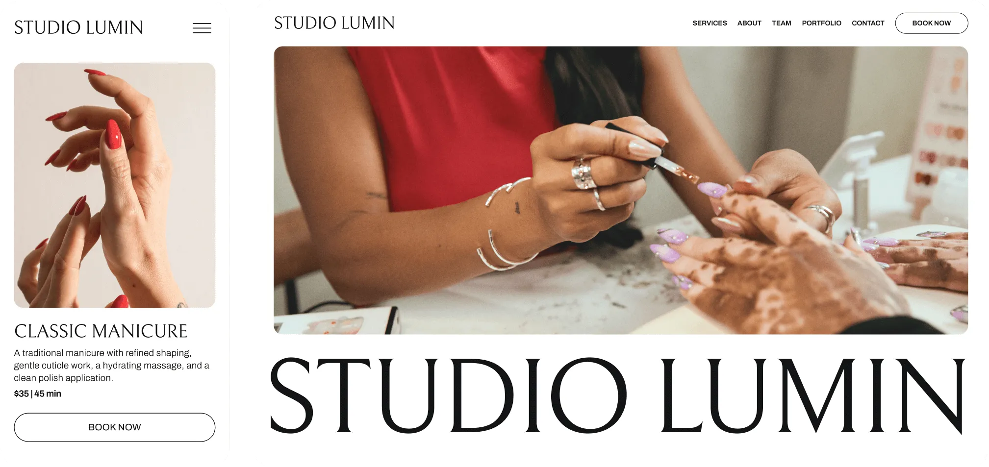  A mobile and desktop view of a nail booking website for Studio Lumin created with GlossGenius 