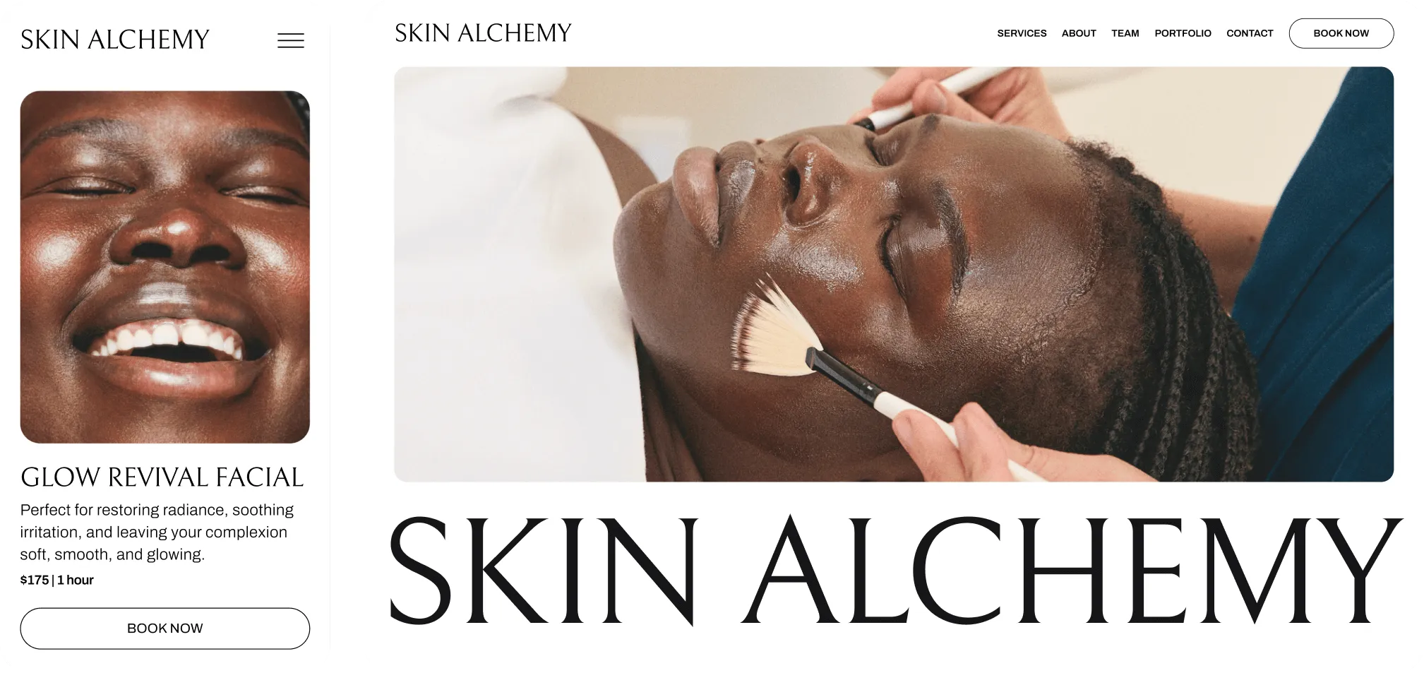 Mobile and desktop views of a GlossGenius-created esthetician booking site for Skin Alchemy displaying their services page and homepage.
