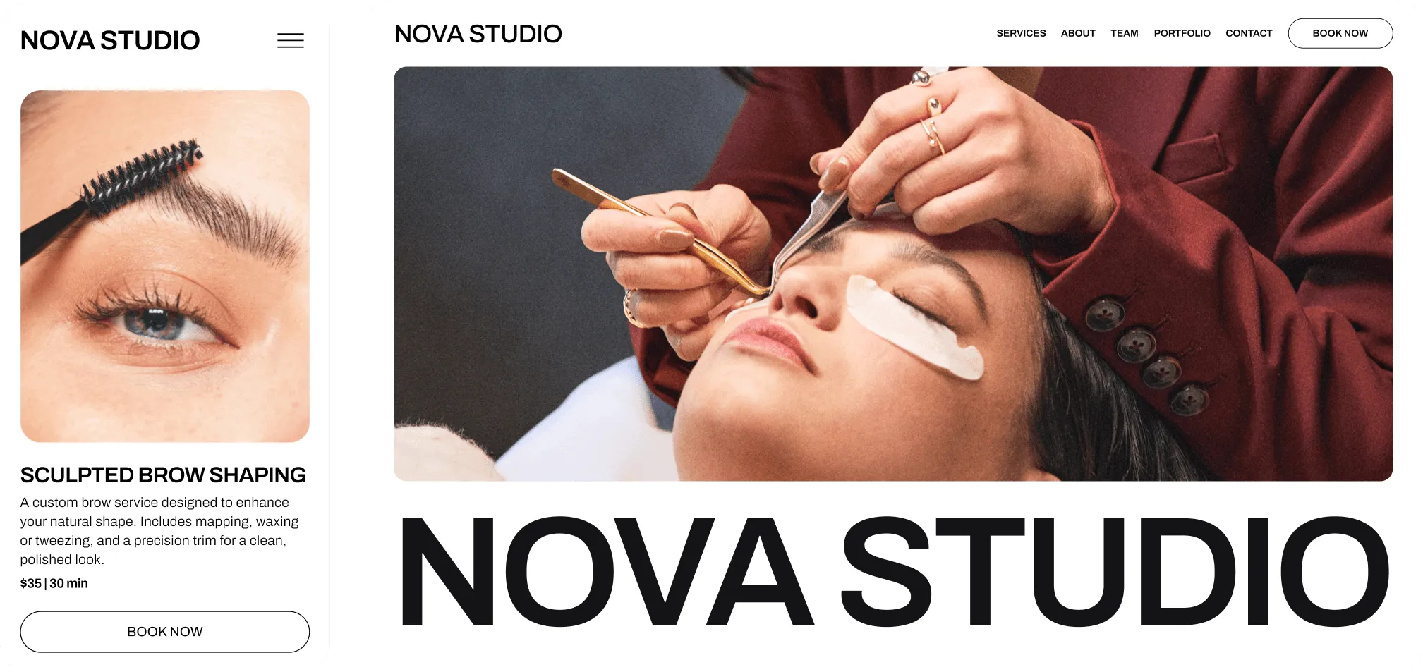 Mobile and desktop views of a GlossGenius-created lash and brow salon booking site for Nova Studio displaying their services page and homepage.
