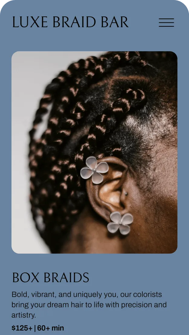 Mobile view of Luxe Braid Bar booking site featuring close up of braided hair