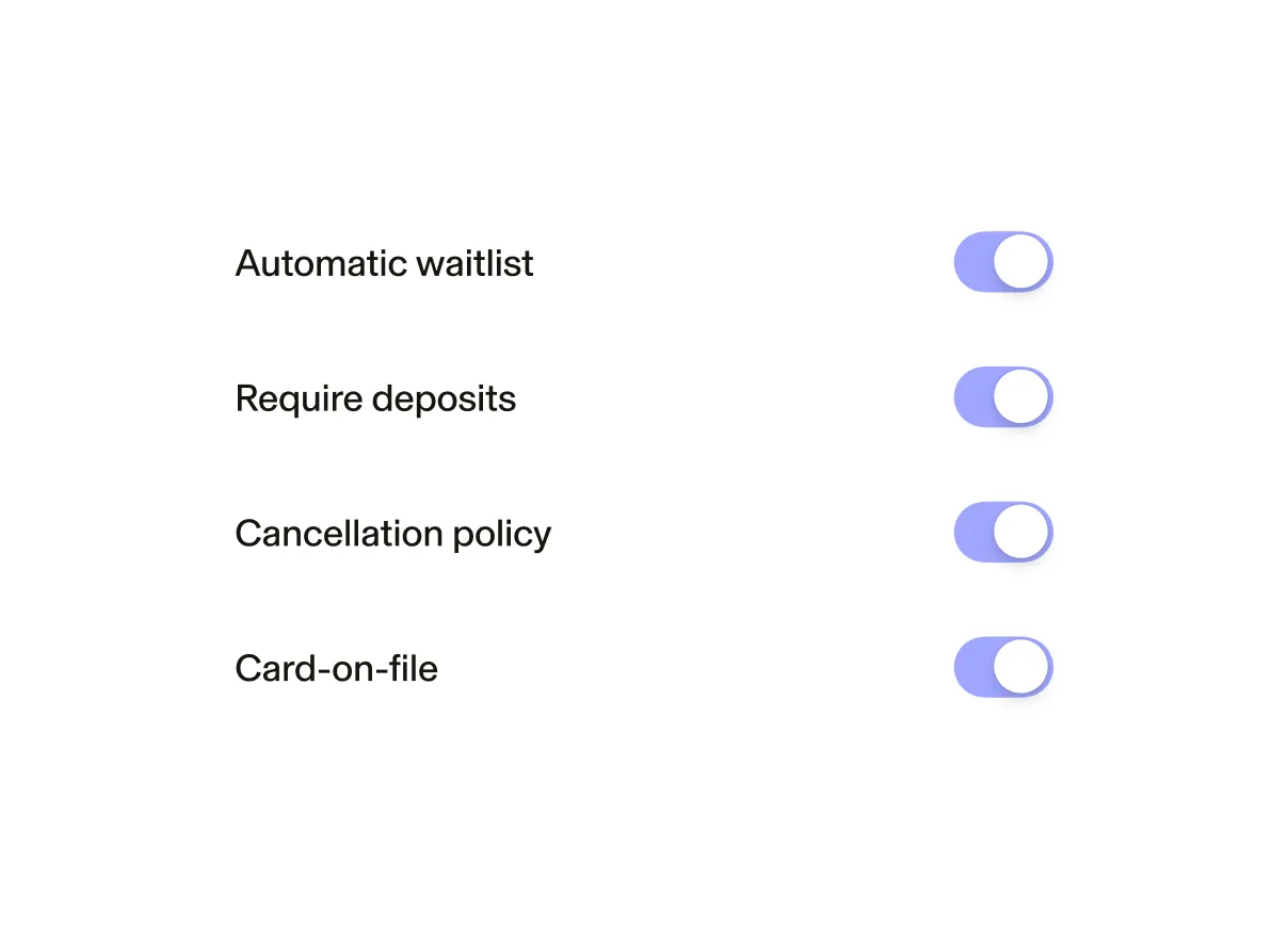 Screenshot of GlossGenius booking options featuring automatic waitlist, deposit requirements, cancellation policy, and card-on-file toggled on