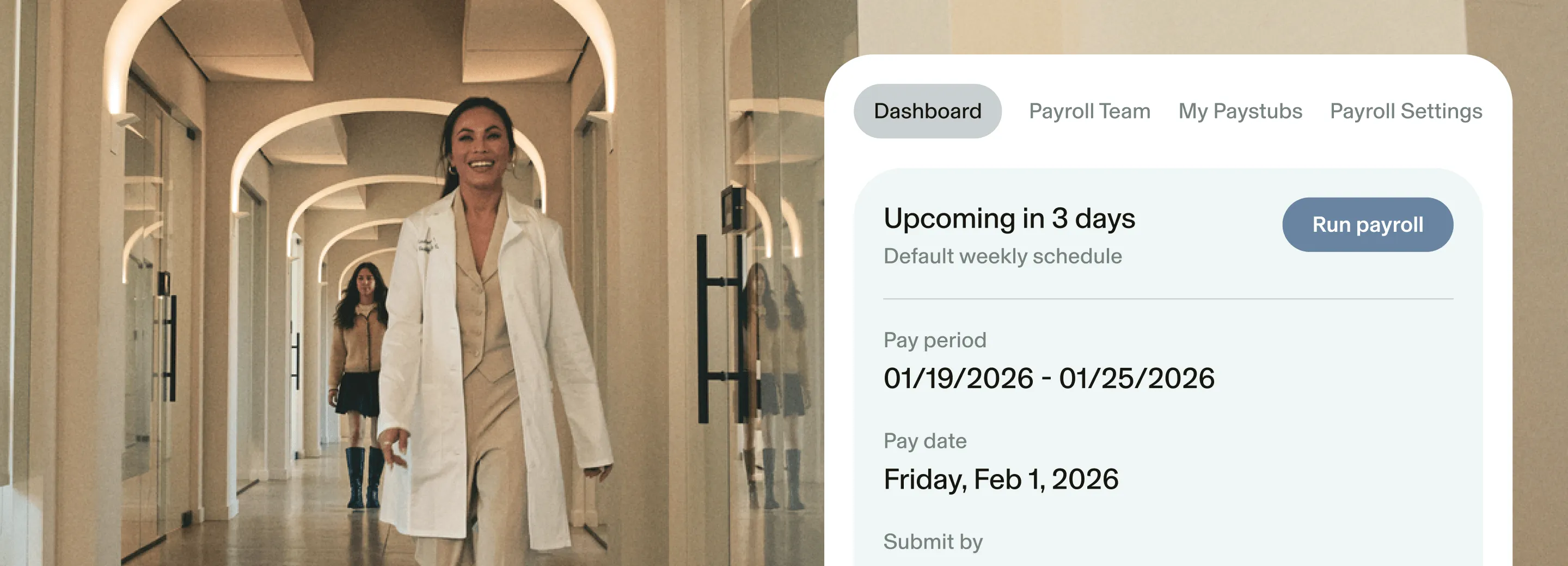 Image of a GlossGenius Payroll dashboard over a larger image of two women walking down a medspa hallway