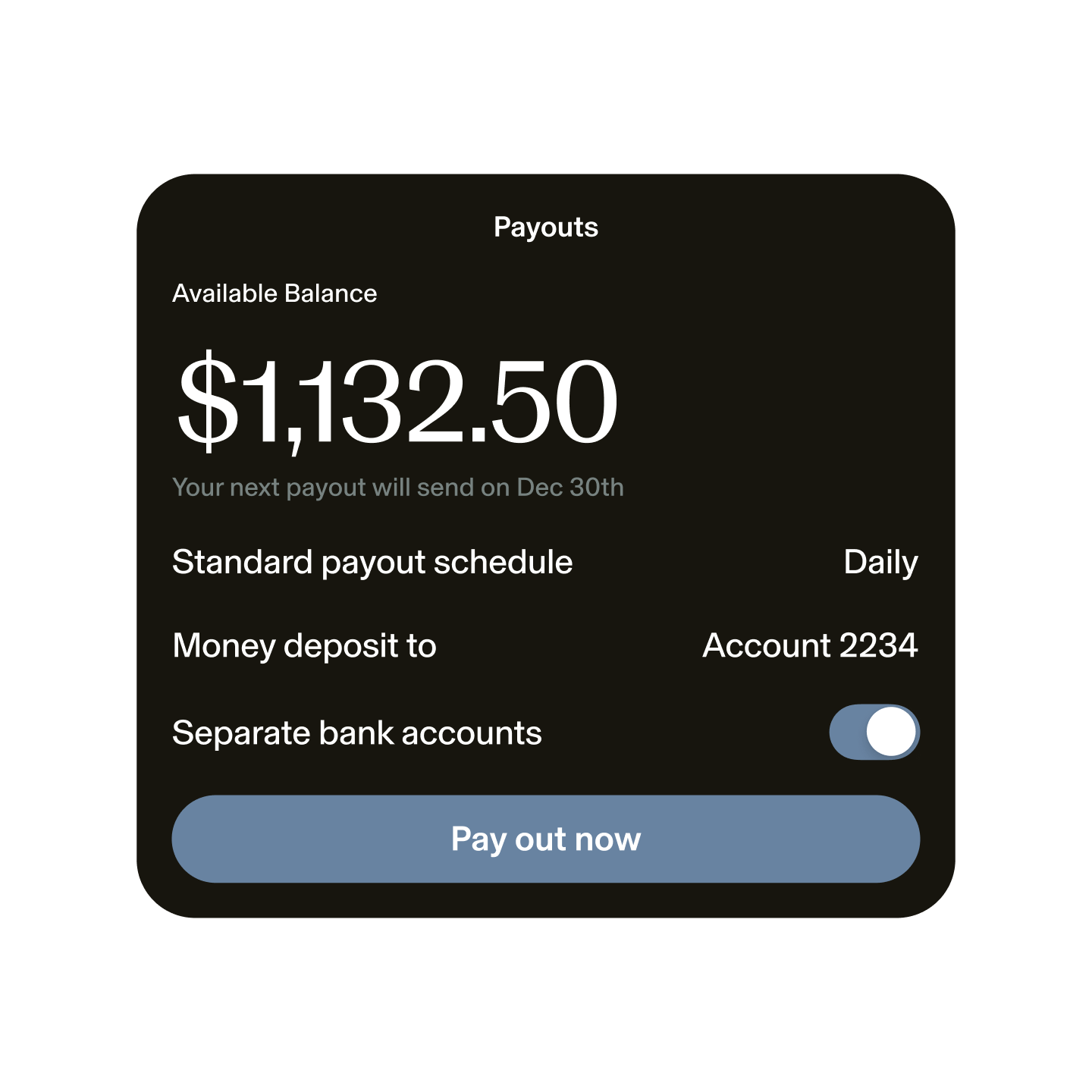 Image of a GlossGenius Payouts screen with available balance and details