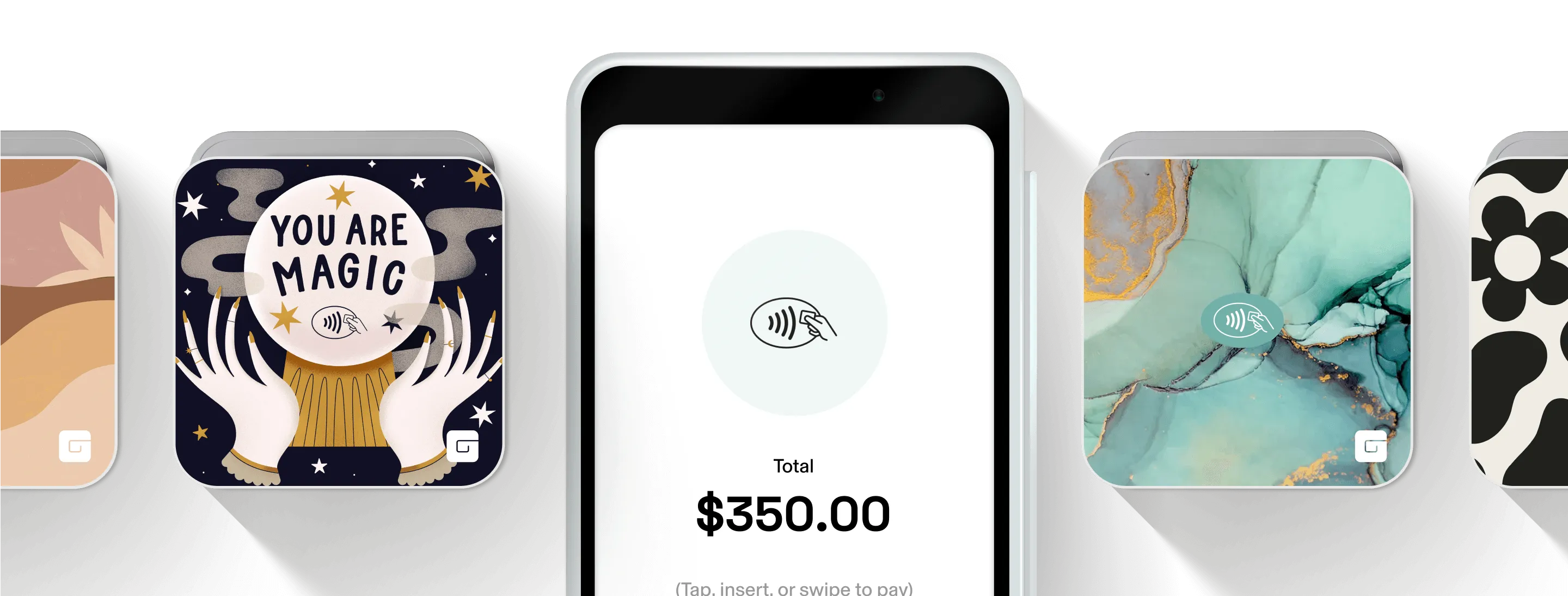 A collage of patterned GlossGenius Tap & Go and Pro Card Readers that are part of the GlossGenius medspa, spa, and salon POS system.