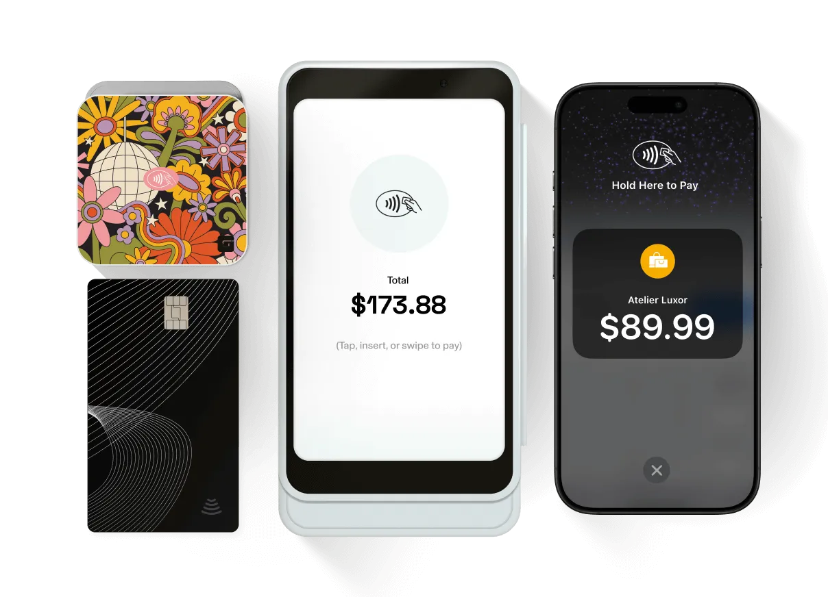 A collage of the GlossGenius salon, spa, and medspa POS system hardware devices, including: the GlossGenius Tap & Go reader, the GlossGenius Pro Reader displaying a total of $173.88, a black credit card, and a mobile screen displaying a checkout total of $89.99 with the tap-to-pay icon.