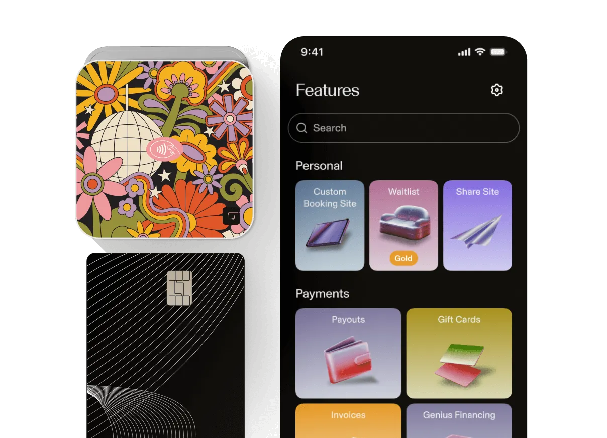 The GlossGenius Tap & Go reader in a floral design above a black credit card, both next to a mobile device displaying GlossGenius the GlossGenius salon, spa, and medspa POS system.