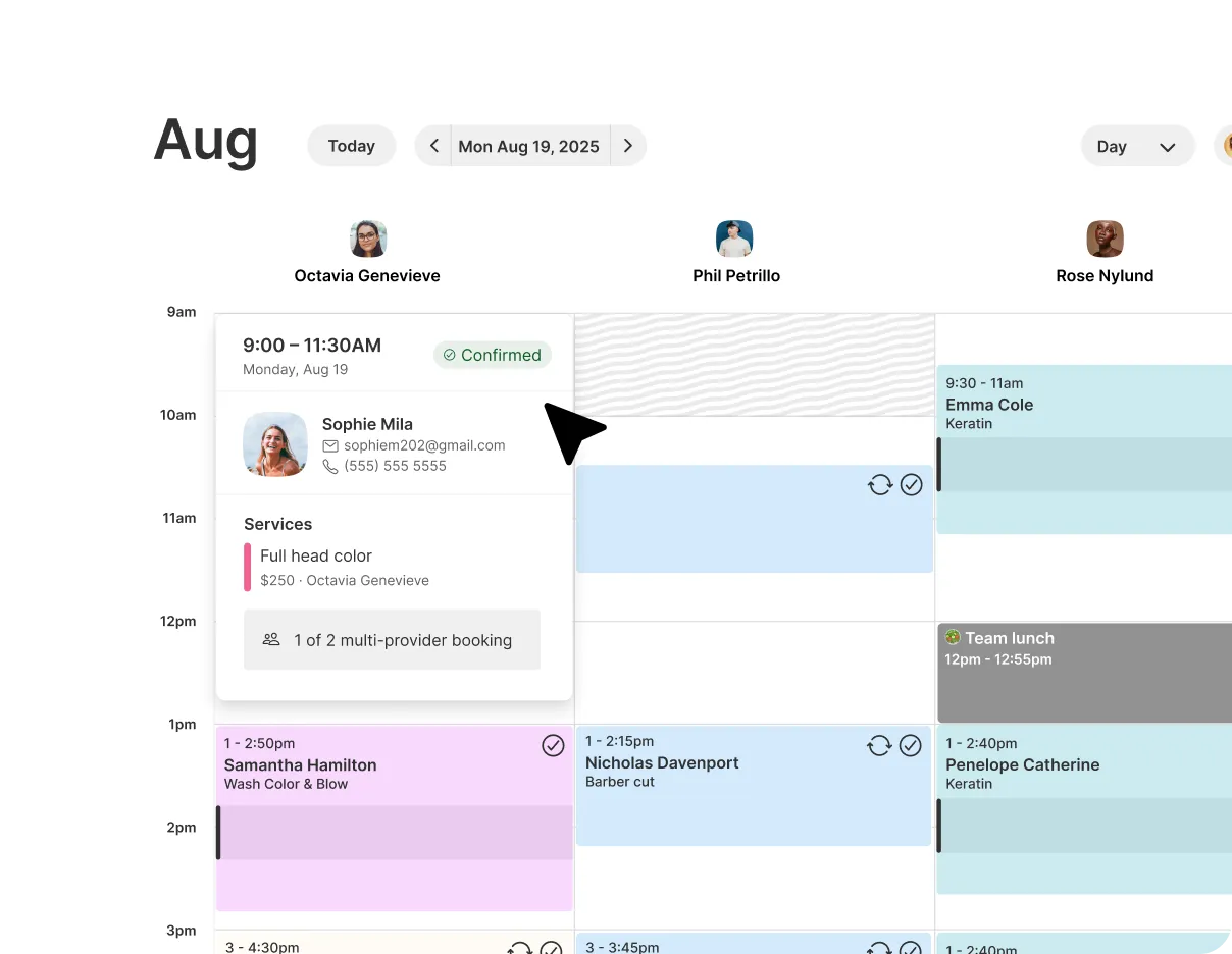 GlossGenius schedule highlighting client appointment details
